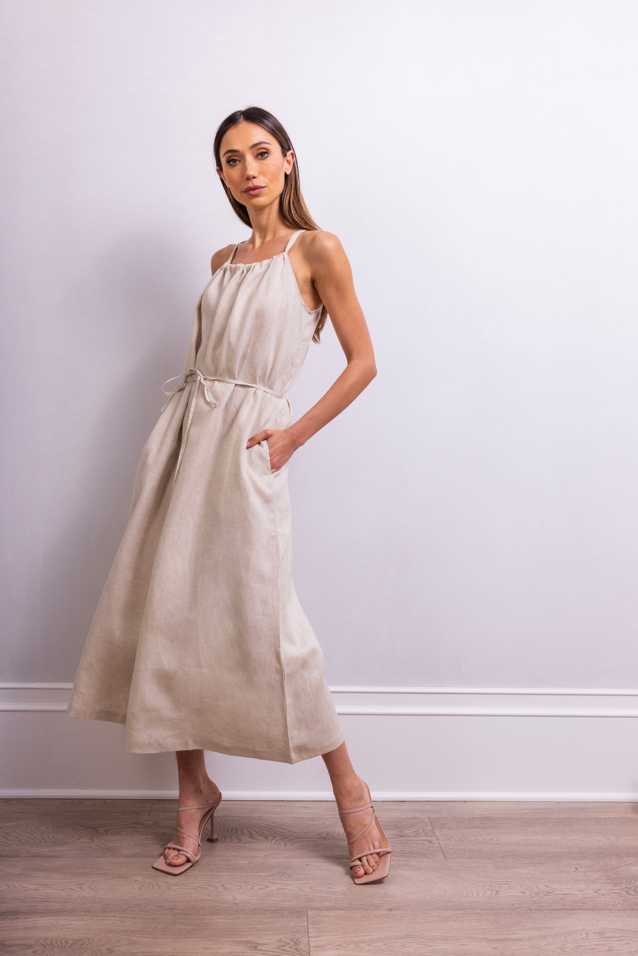 The Escape Linen Midi Dress in Beige - Lisa Maree The Escape Linen Midi Dress in Beige - Lisa Maree