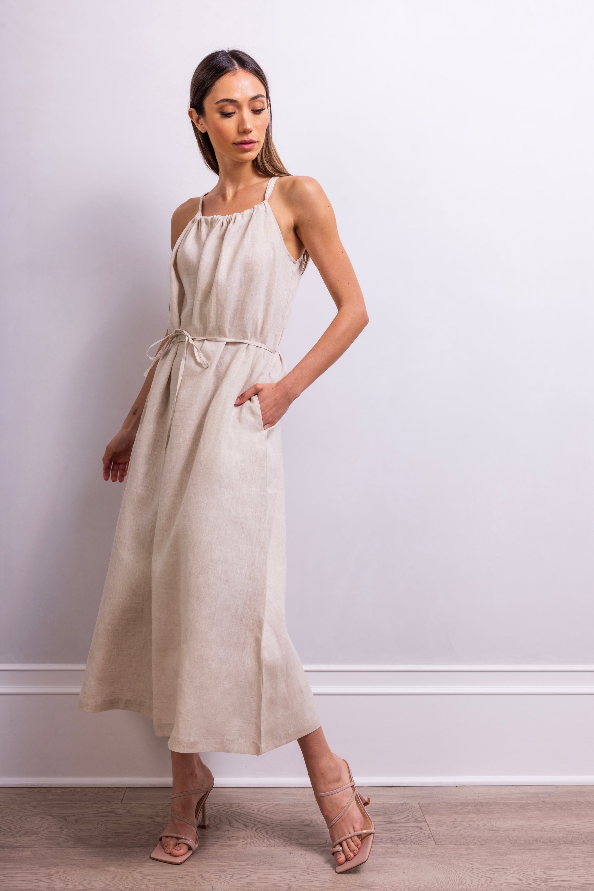 The Escape Linen Midi Dress in Beige - Lisa Maree The Escape Linen Midi Dress in Beige - Lisa Maree
