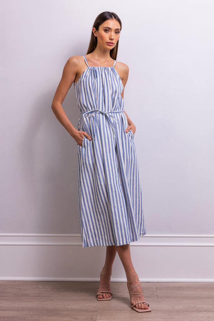 The Escape Linen Midi Dress in Blue Stripe - Lisa Maree