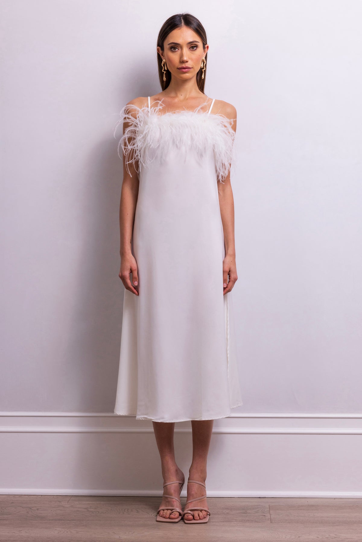 Secret Keeper Feather Midi Slip Dress in White