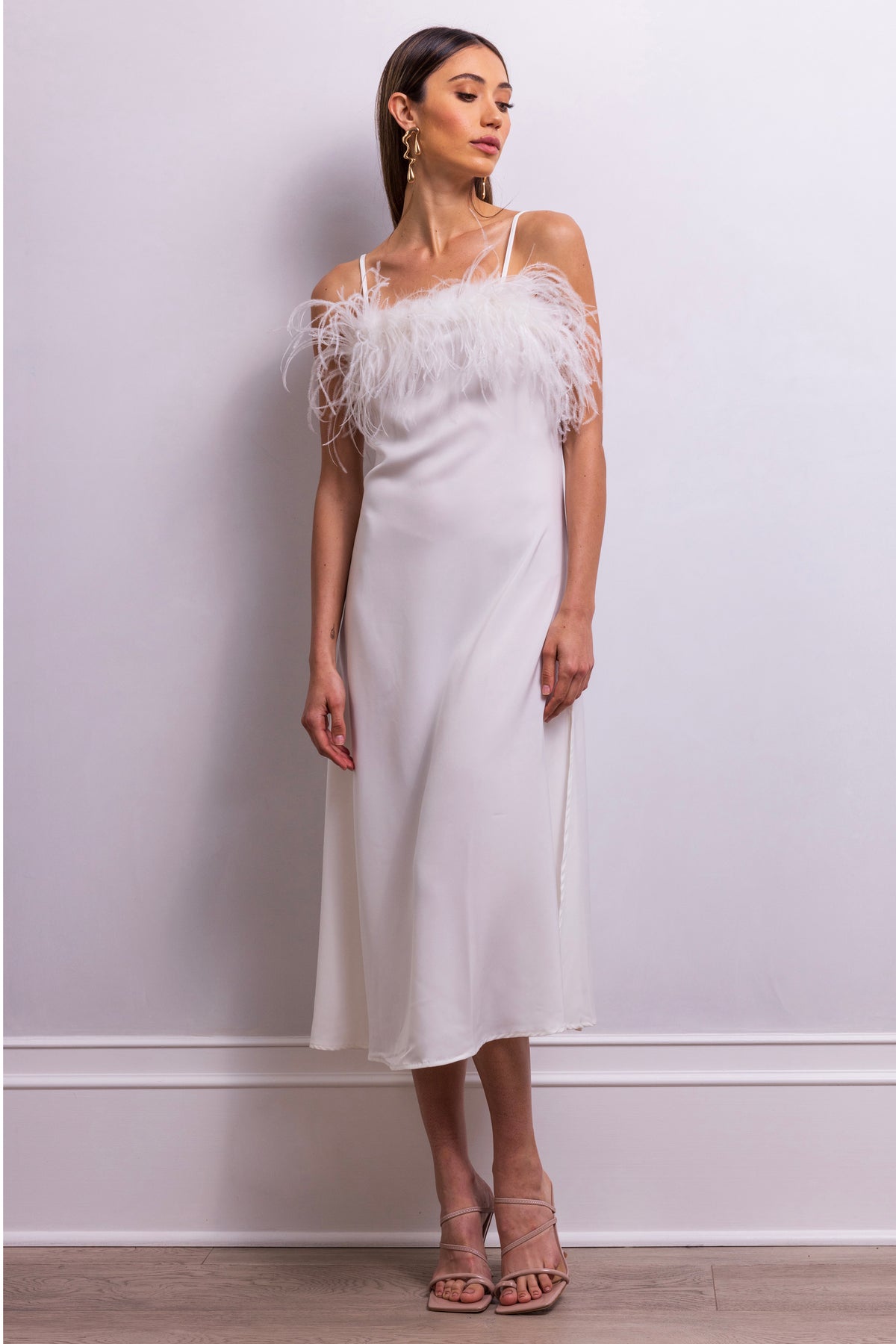 Secret Keeper Feather Midi Slip Dress in White