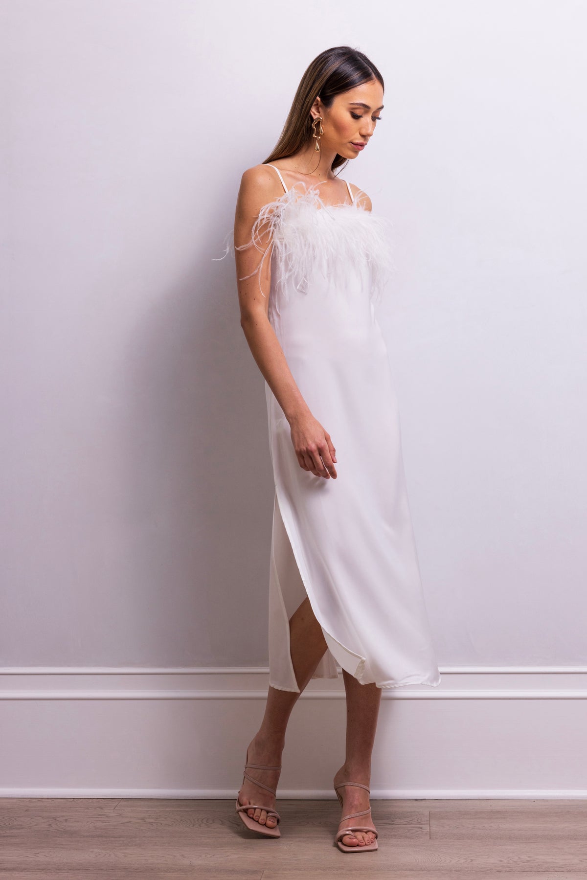 Secret Keeper Feather Midi Slip Dress in White