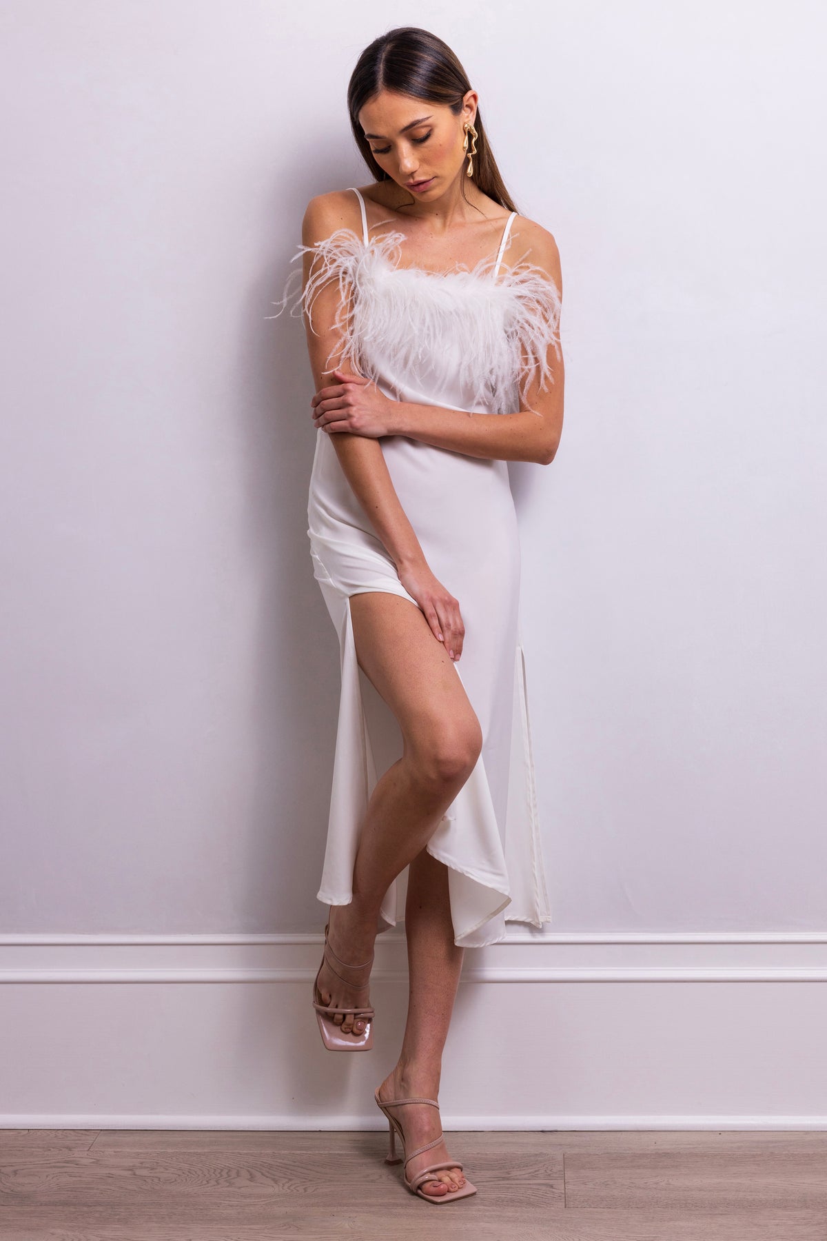 Secret Keeper Feather Midi Slip Dress in White