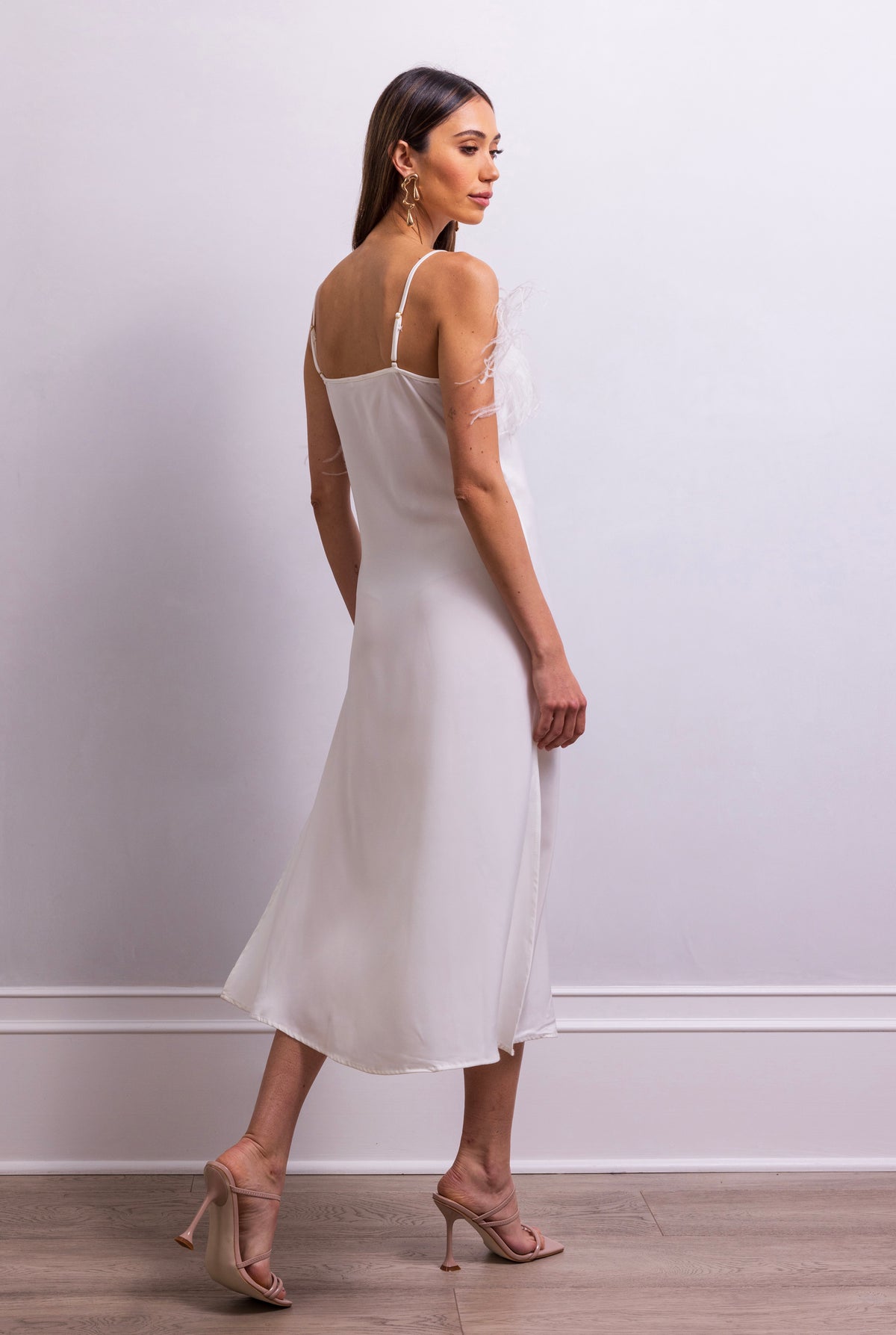 Secret Keeper Feather Midi Slip Dress in White