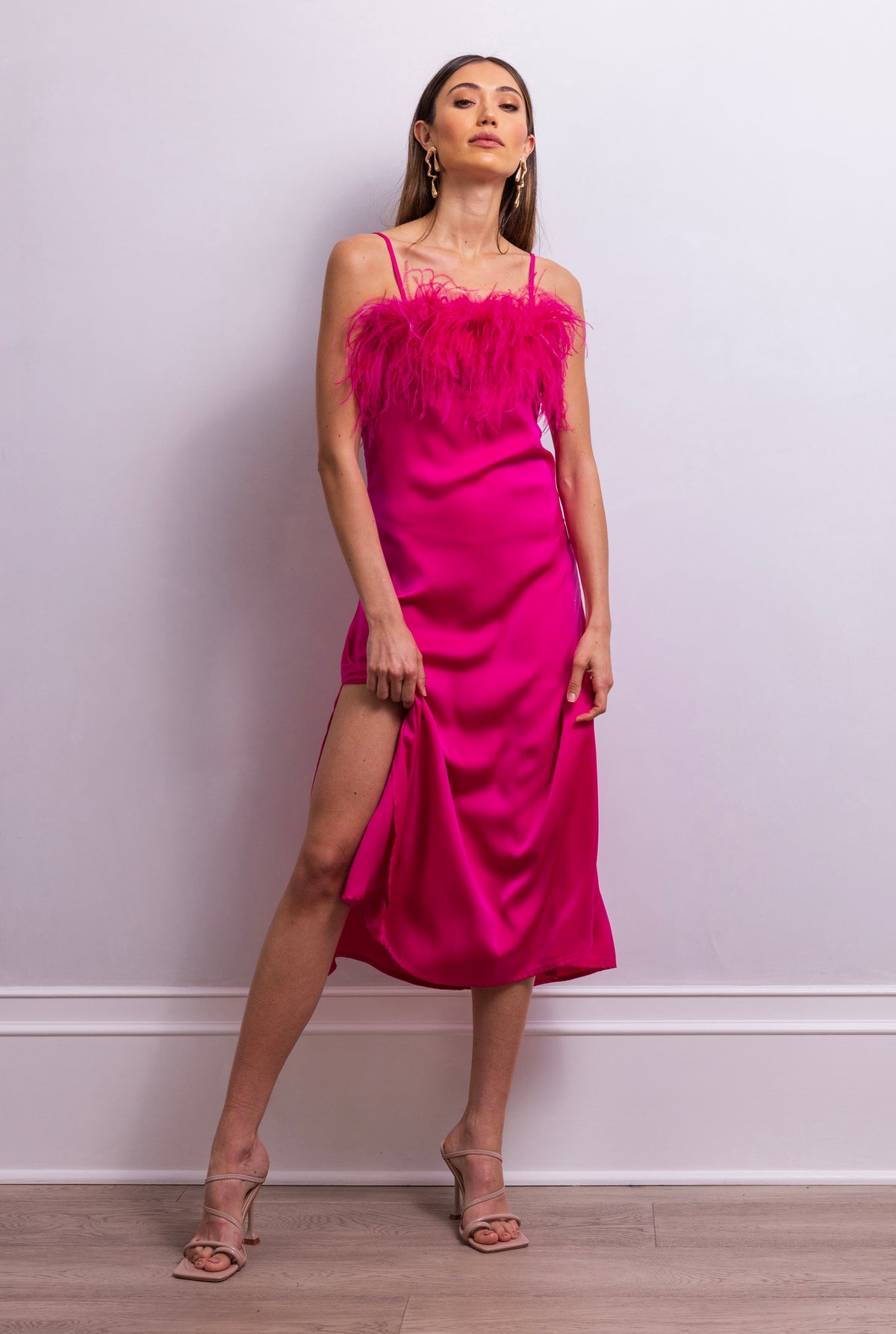 Secret Keeper Feather Midi Slip Dress in Fuchsia