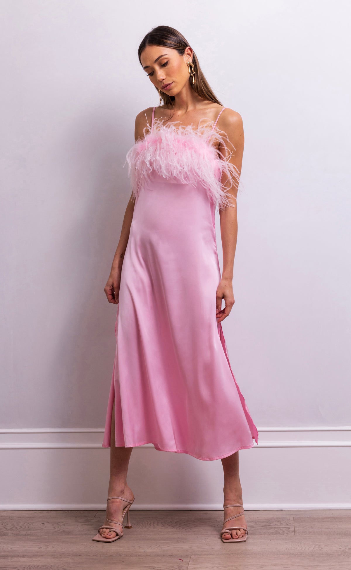 Secret Keeper Feather Midi Slip Dress in Pink