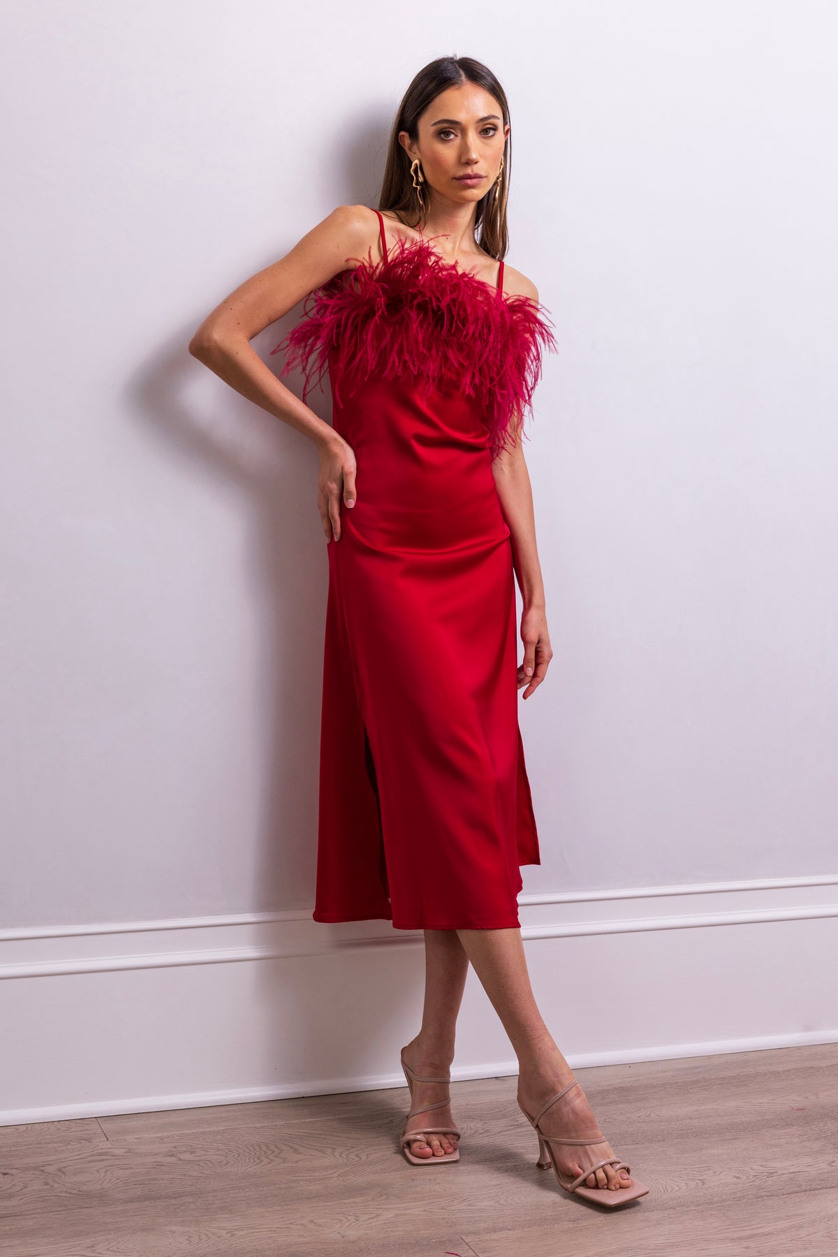 Secret Keeper Feather Midi Slip Dress in Red