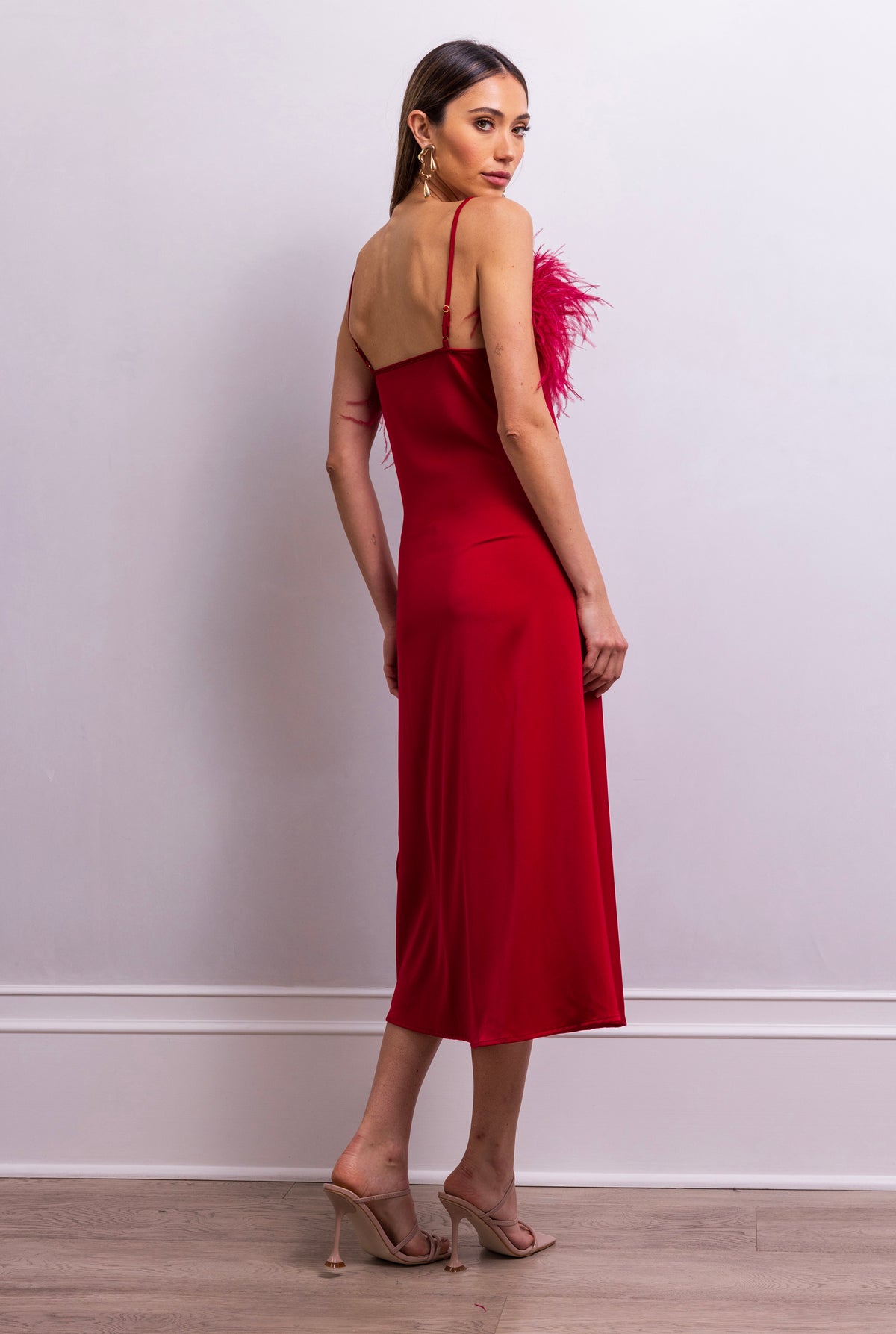 Secret Keeper Feather Midi Slip Dress in Red