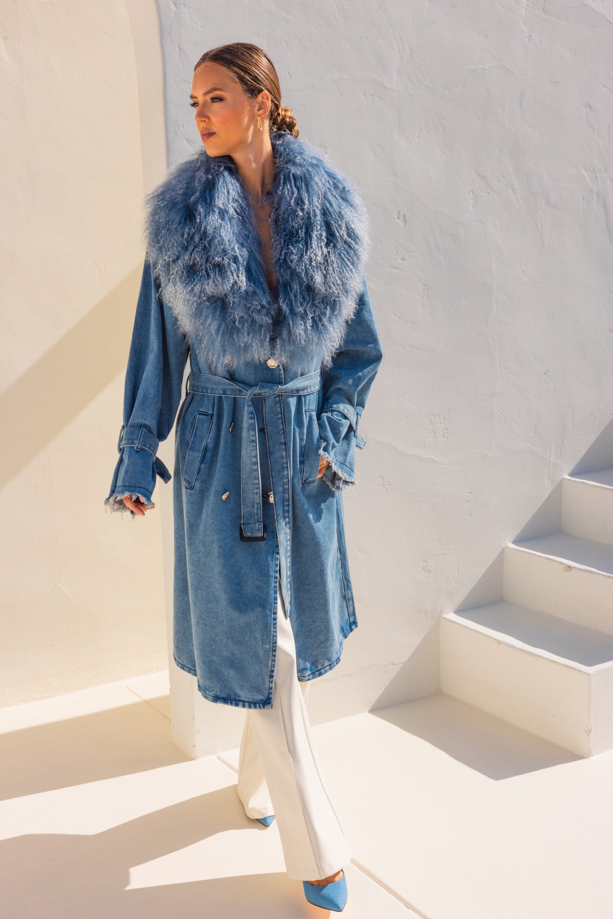 Apocalypse Denim and  Mongolian Wool Coat in Blue