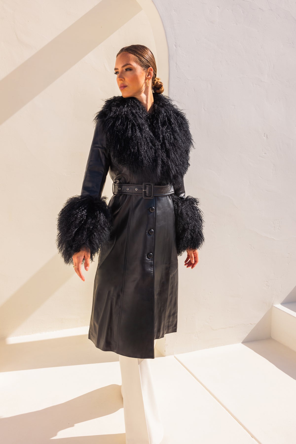 Blade Leather and  Mongolian Wool Coat in Black