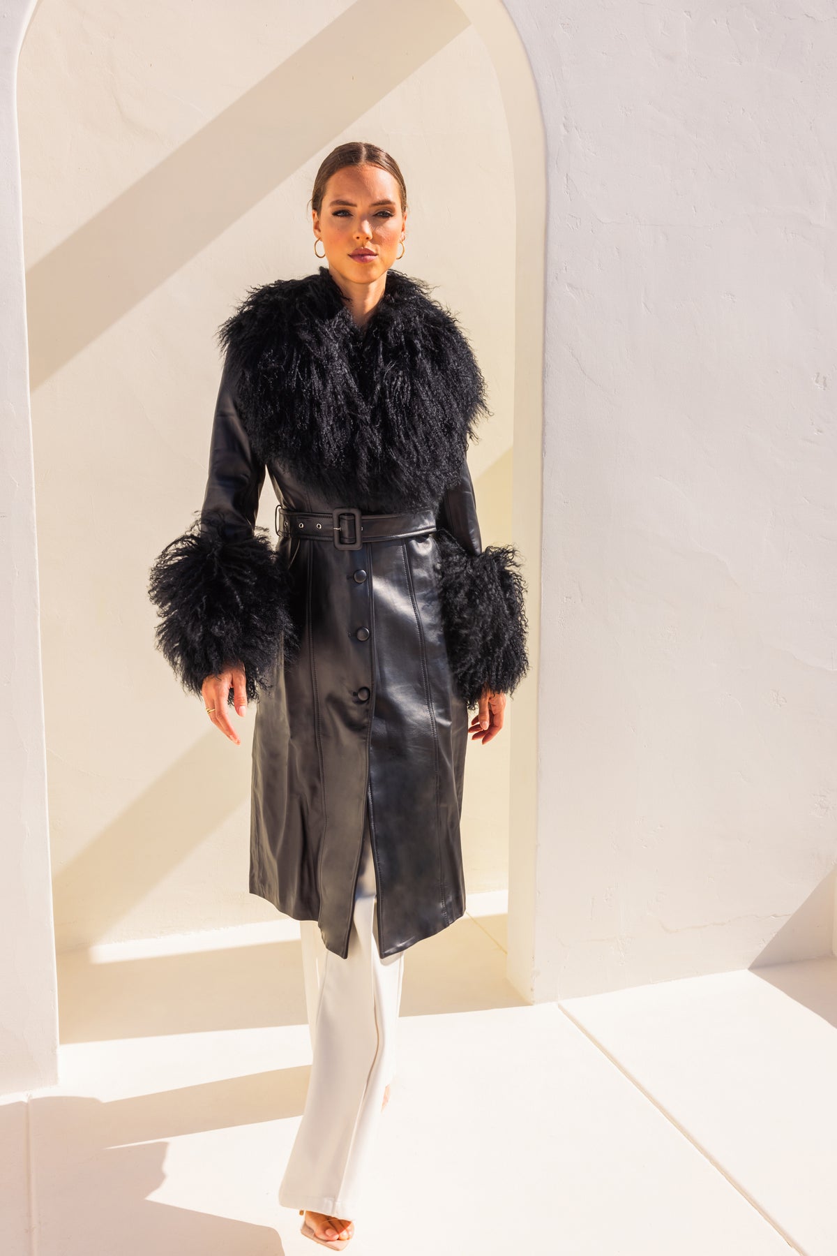 Blade Leather and  Mongolian Wool Coat in Black