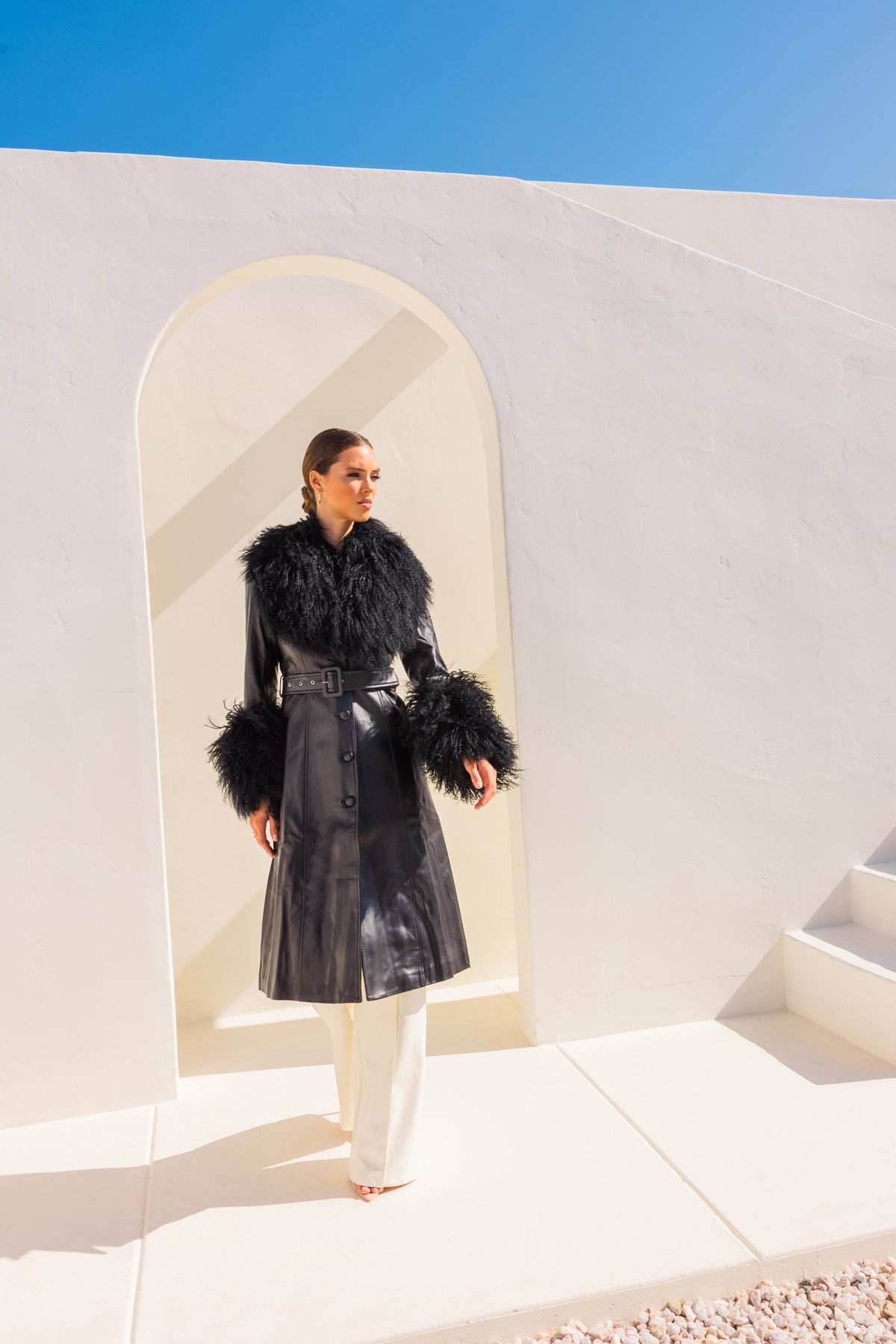 Blade Leather and  Mongolian Wool Coat in Black