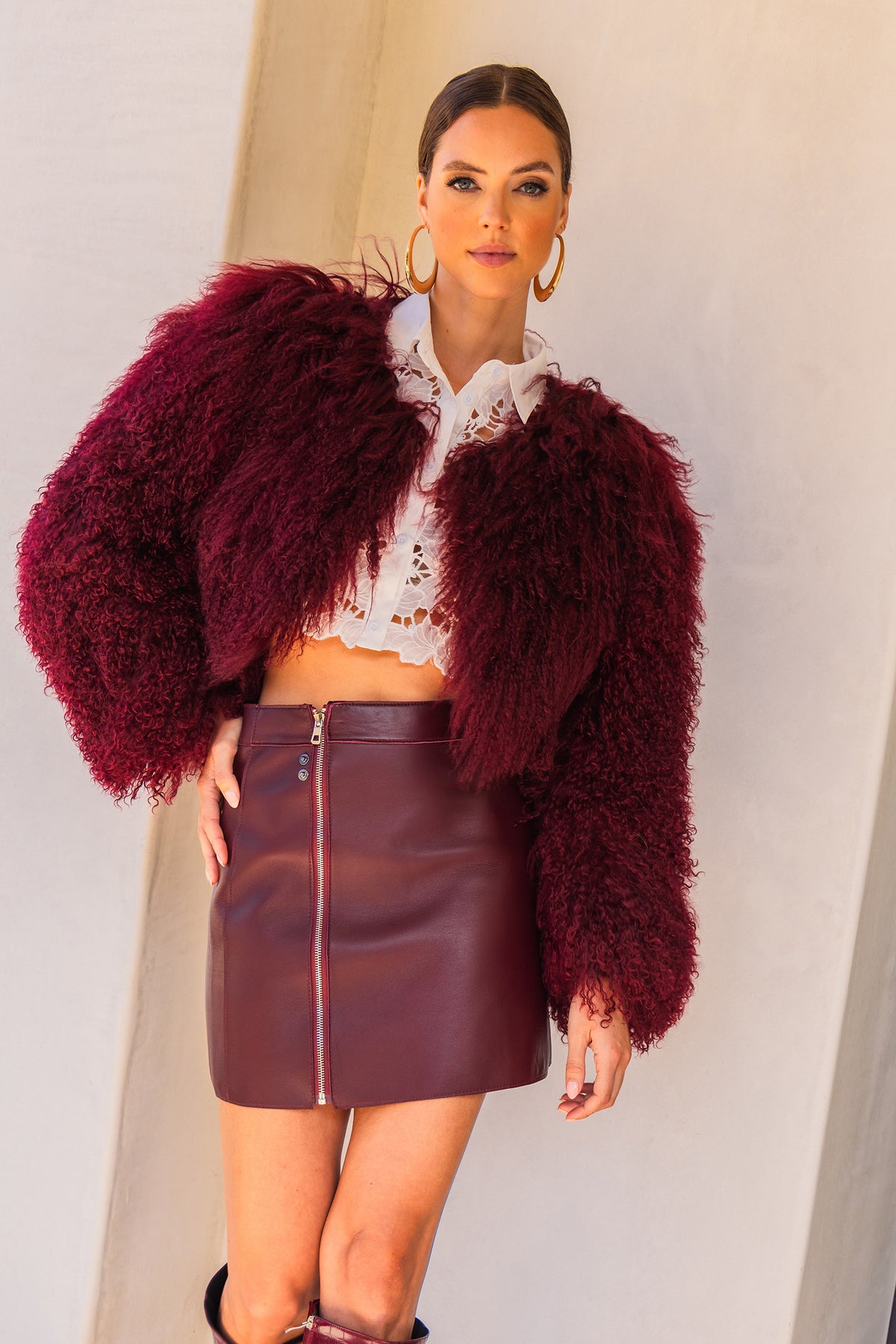 Whispers Mongolian Wool Cropped Jacket in Burgundy