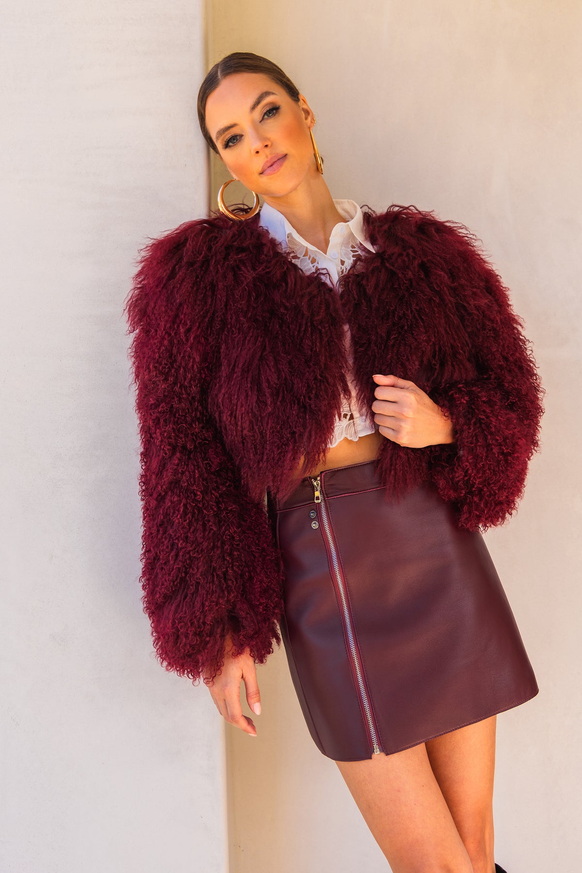 Whispers Mongolian Wool Cropped Jacket in Burgundy