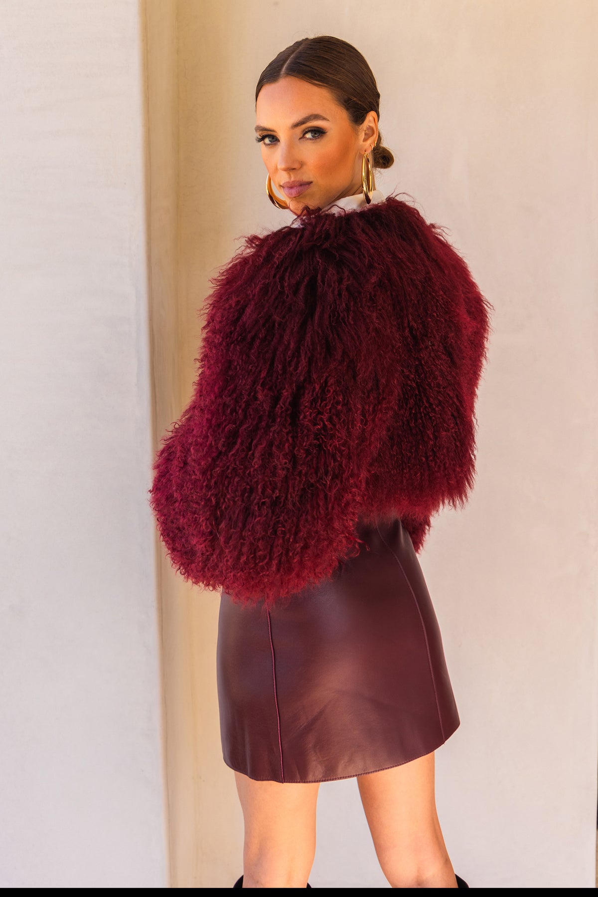 Whispers Mongolian Wool Cropped Jacket in Burgundy