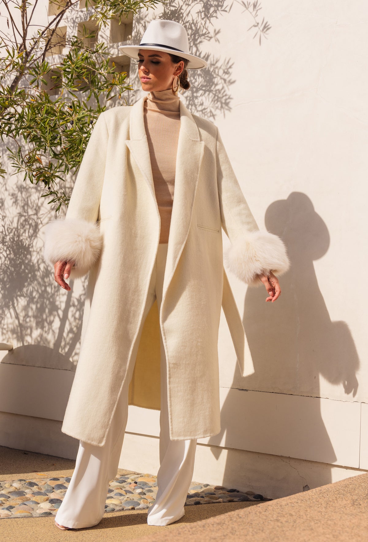 Hidden Illusion Wool Coat with Fur Cuffs in Cream