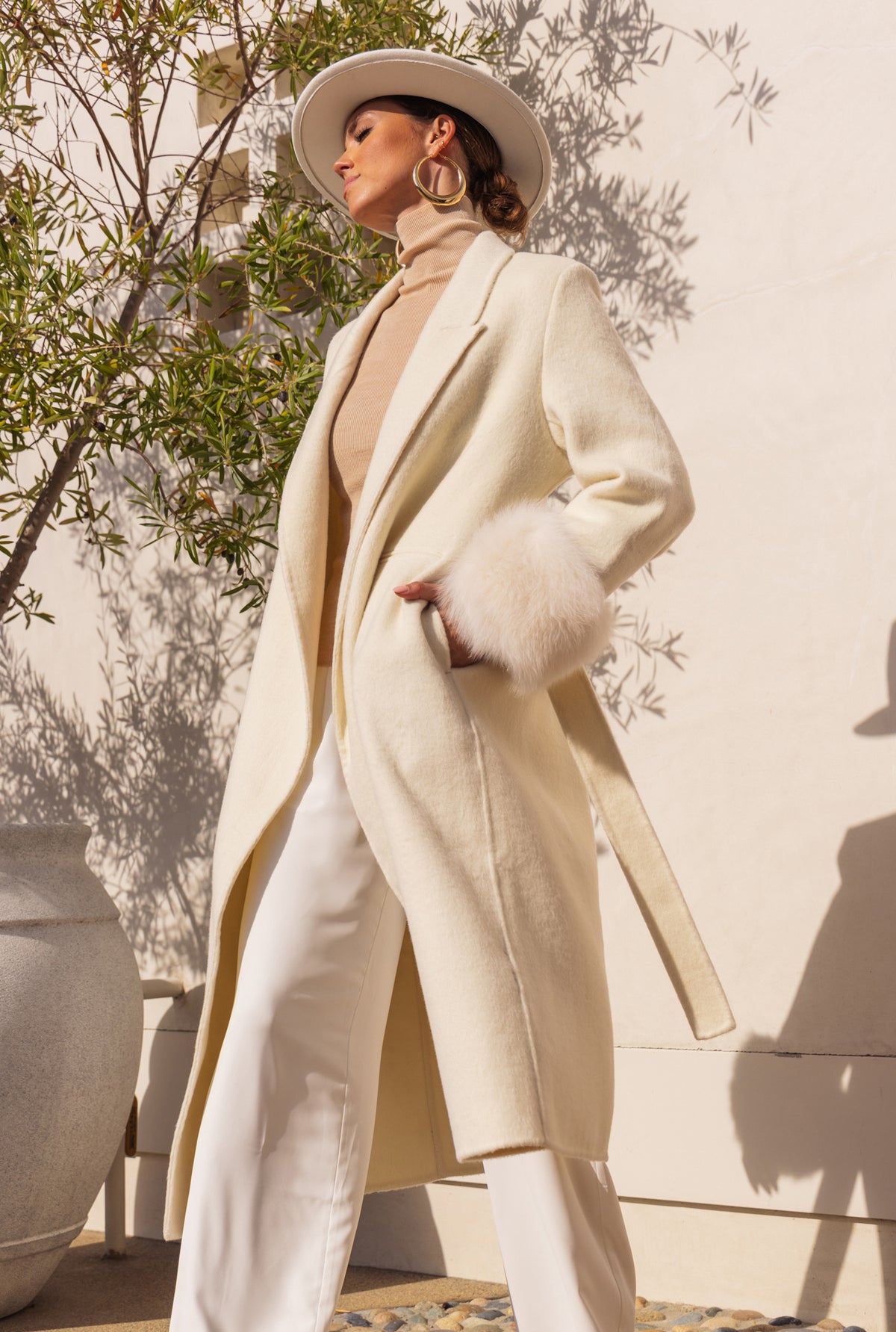 Hidden Illusion Wool Coat with Fur Cuffs in Cream