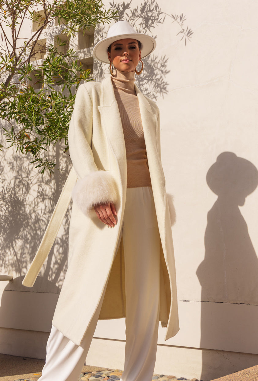 Hidden Illusion Wool Coat with Fur Cuffs in Cream