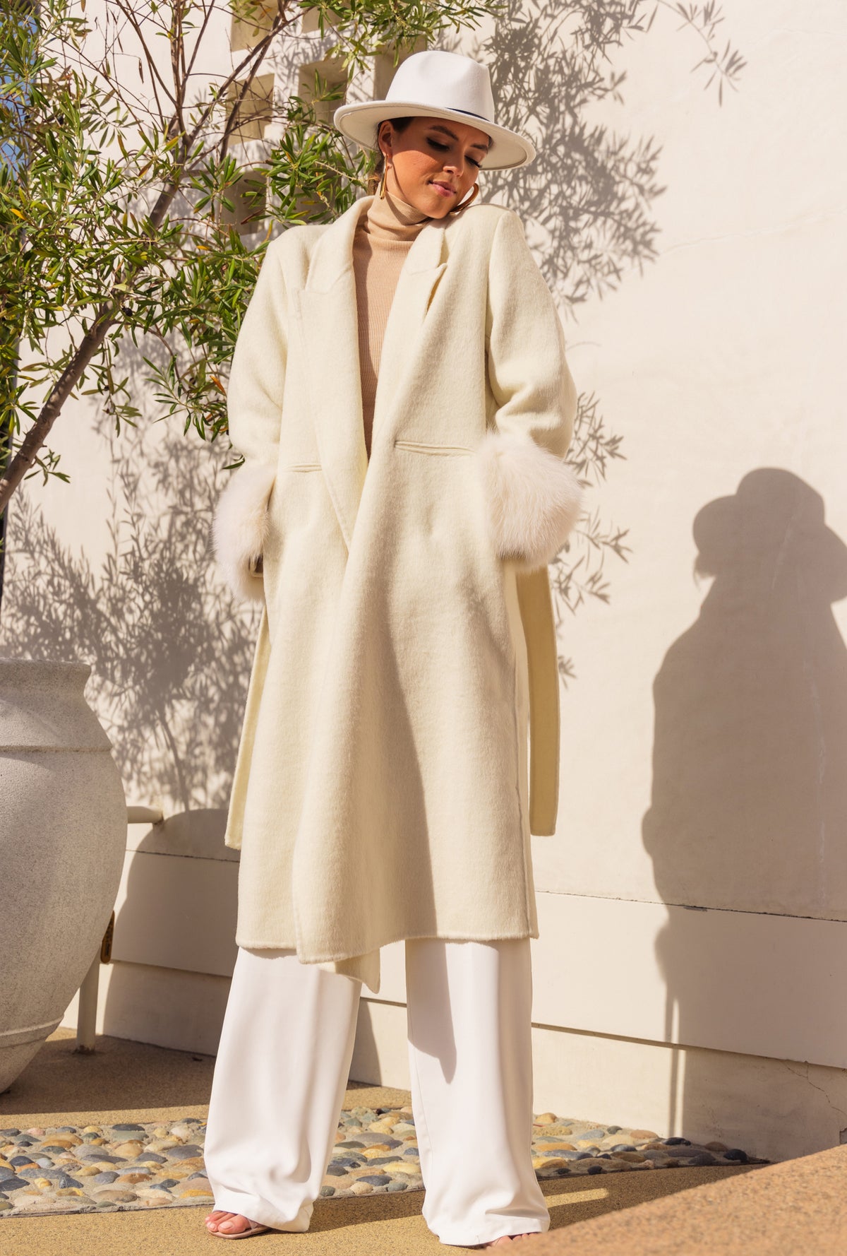 Hidden Illusion Wool Coat with Fur Cuffs in Cream