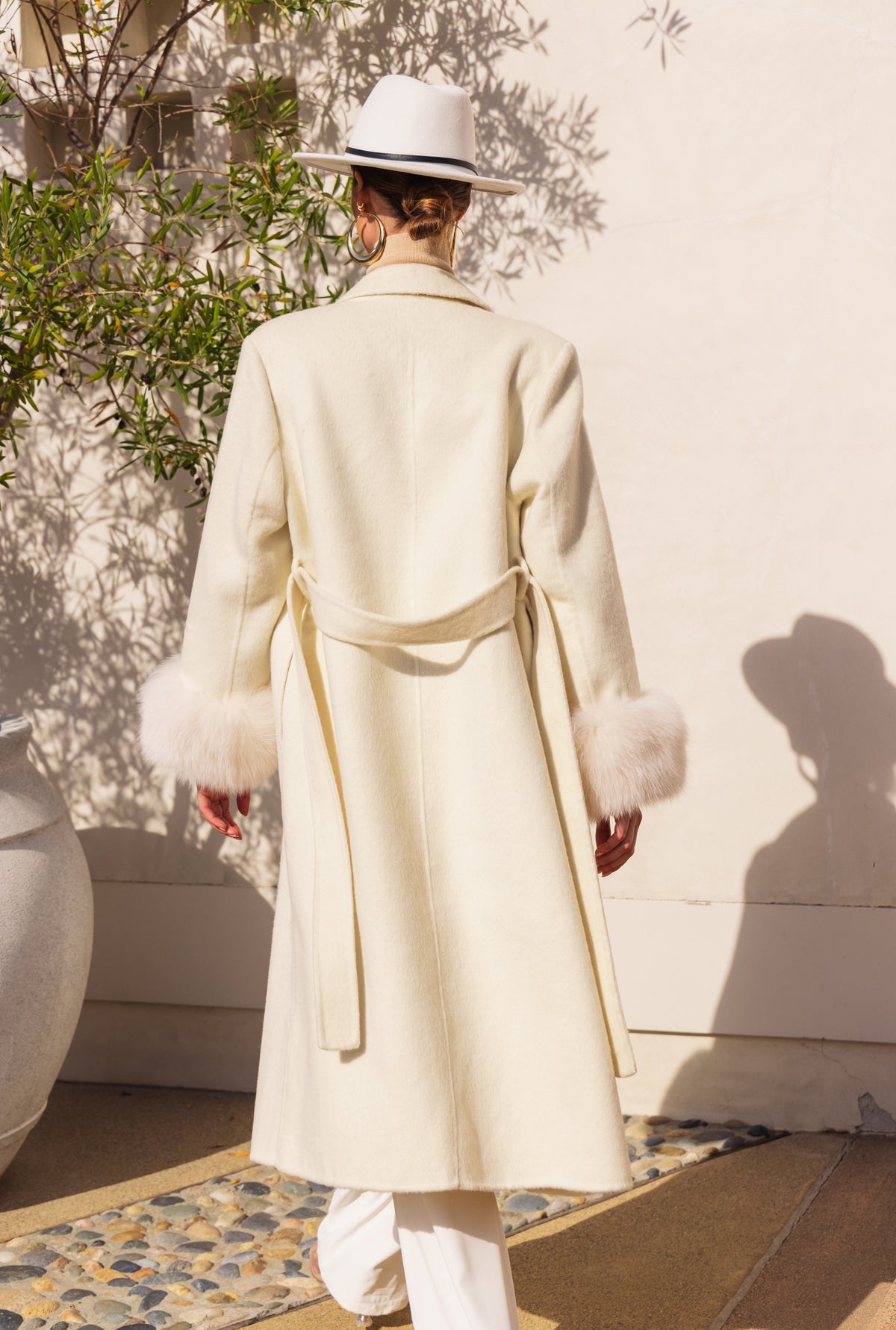 Hidden Illusion Wool Coat with Fur Cuffs in Cream