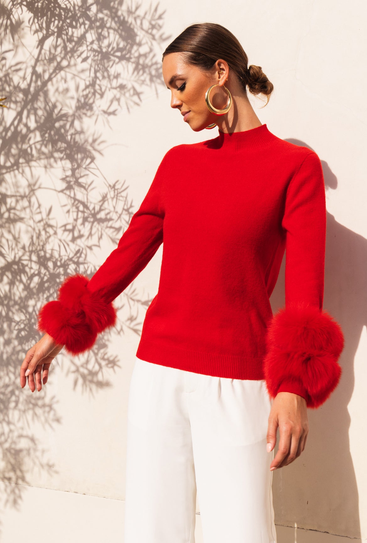 Eva Removable Fur Cuff Wool Sweater in Red