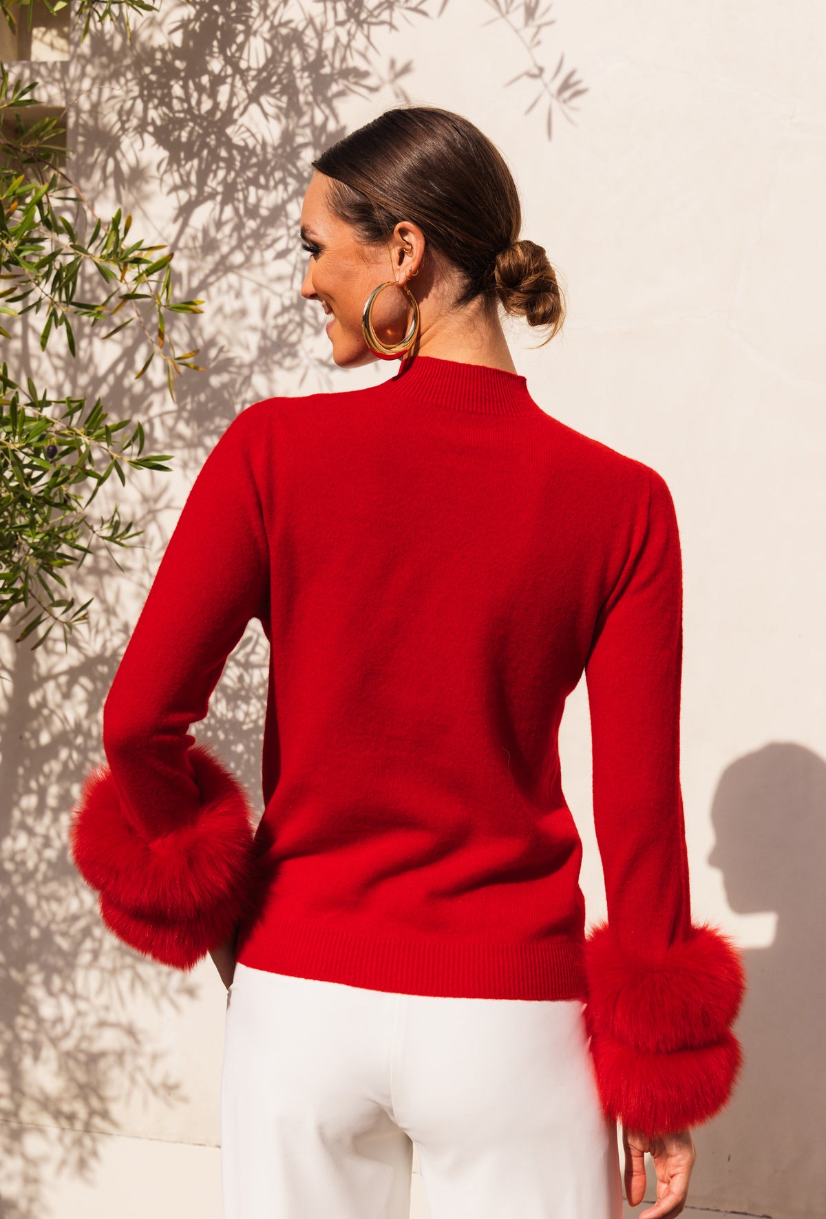 Eva Removable Fur Cuff Wool Sweater in Red