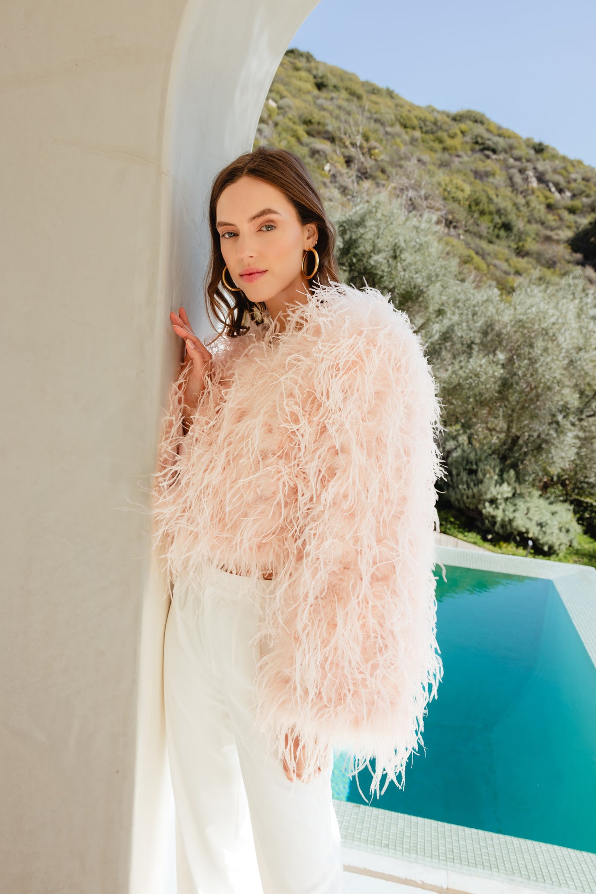 The Entitled Feather Jacket in Baby Pink