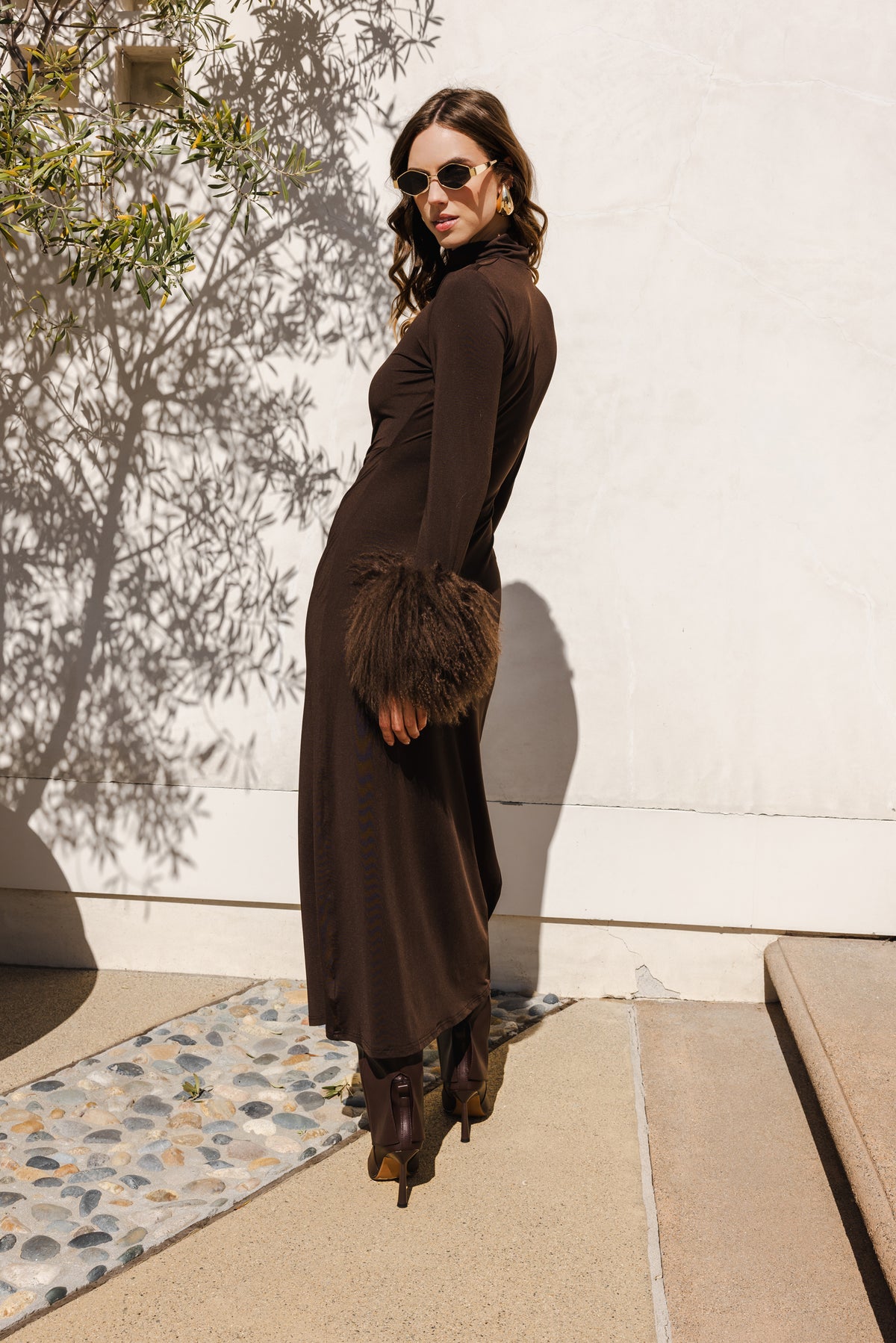 Make an Entrance Mongolian Wool Cuff Midi Dress in Brown