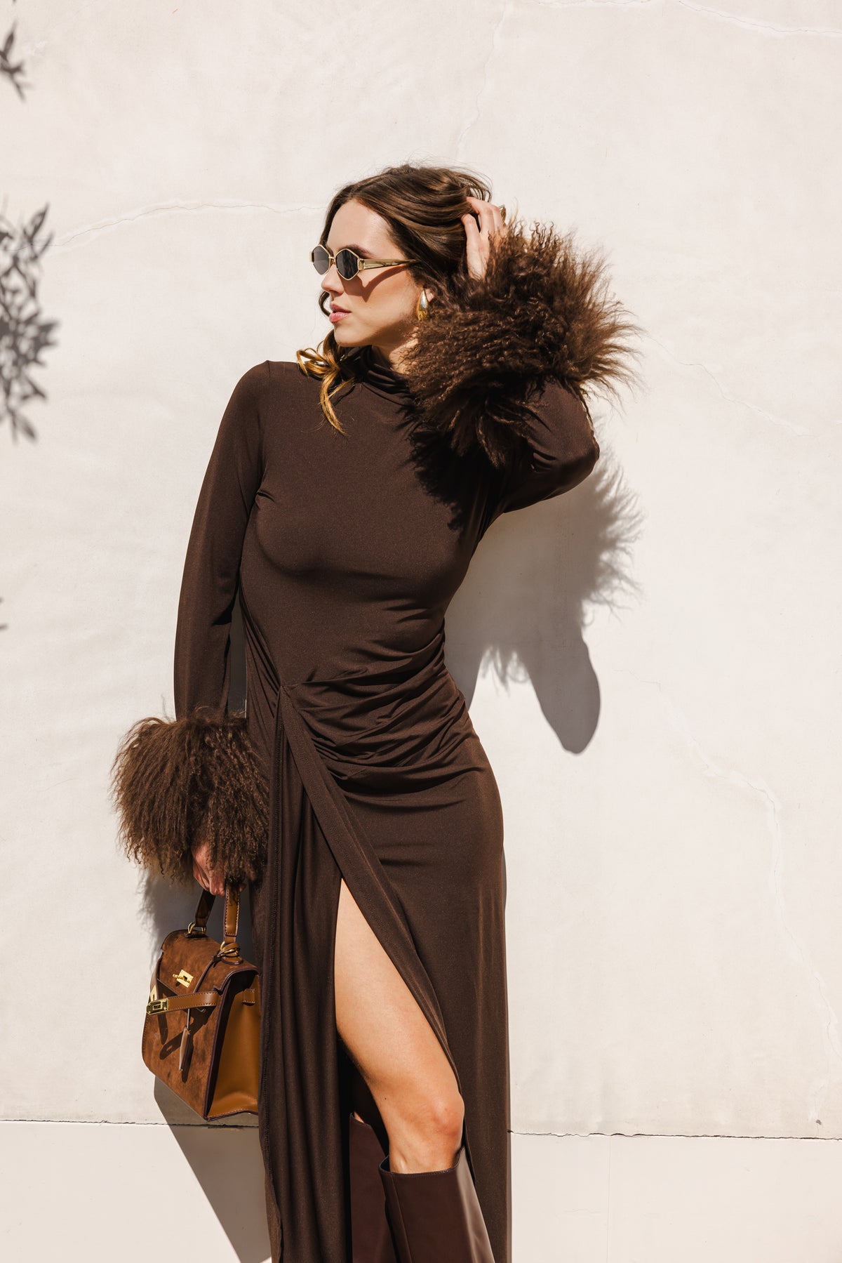 Make an Entrance Mongolian Wool Cuff Midi Dress in Brown