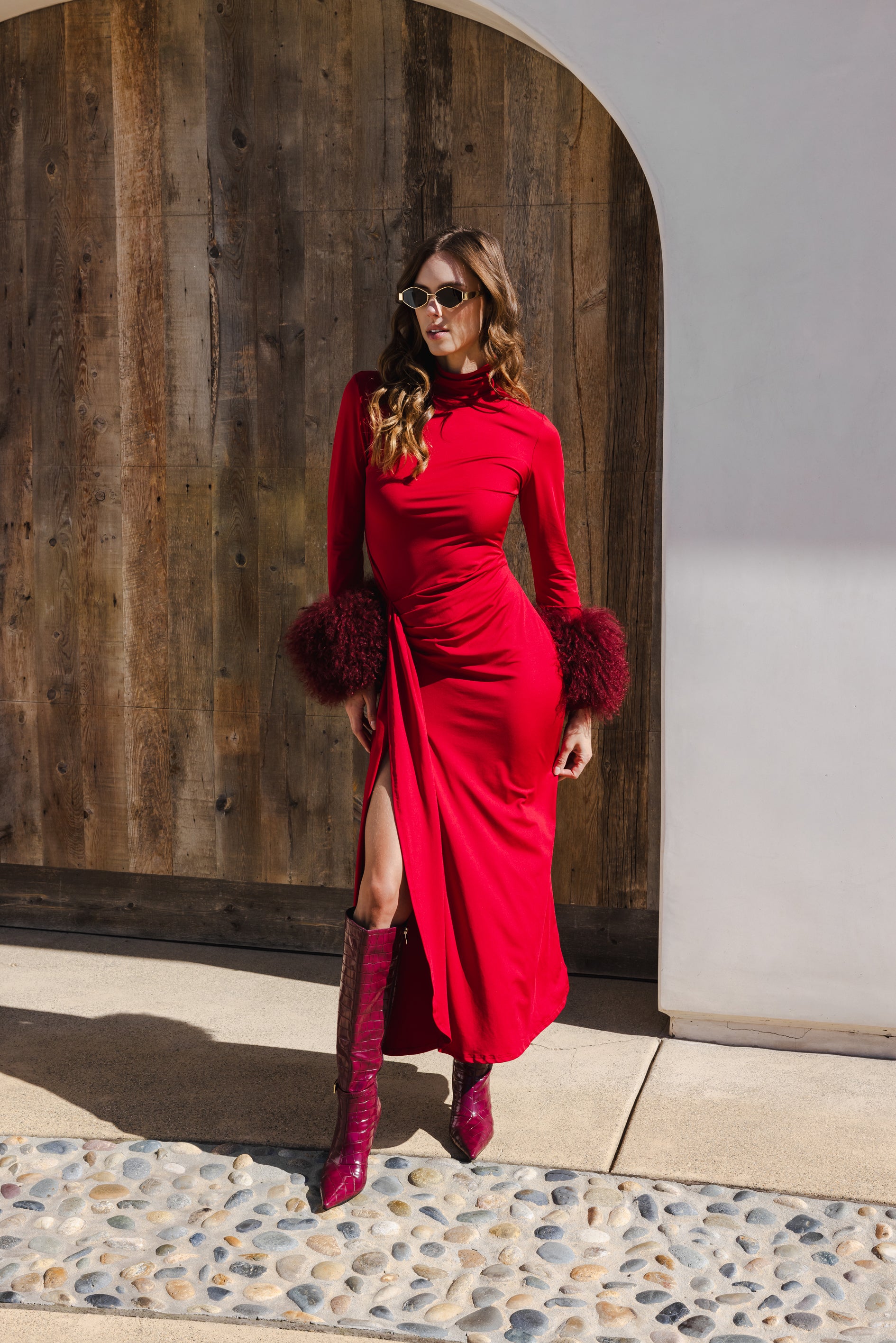 Make an Entrance Mongolian Wool Cuff Midi Dress in Burgundy Red Make an Entrance Mongolian Wool Cuff Midi Dress in Burgundy Red