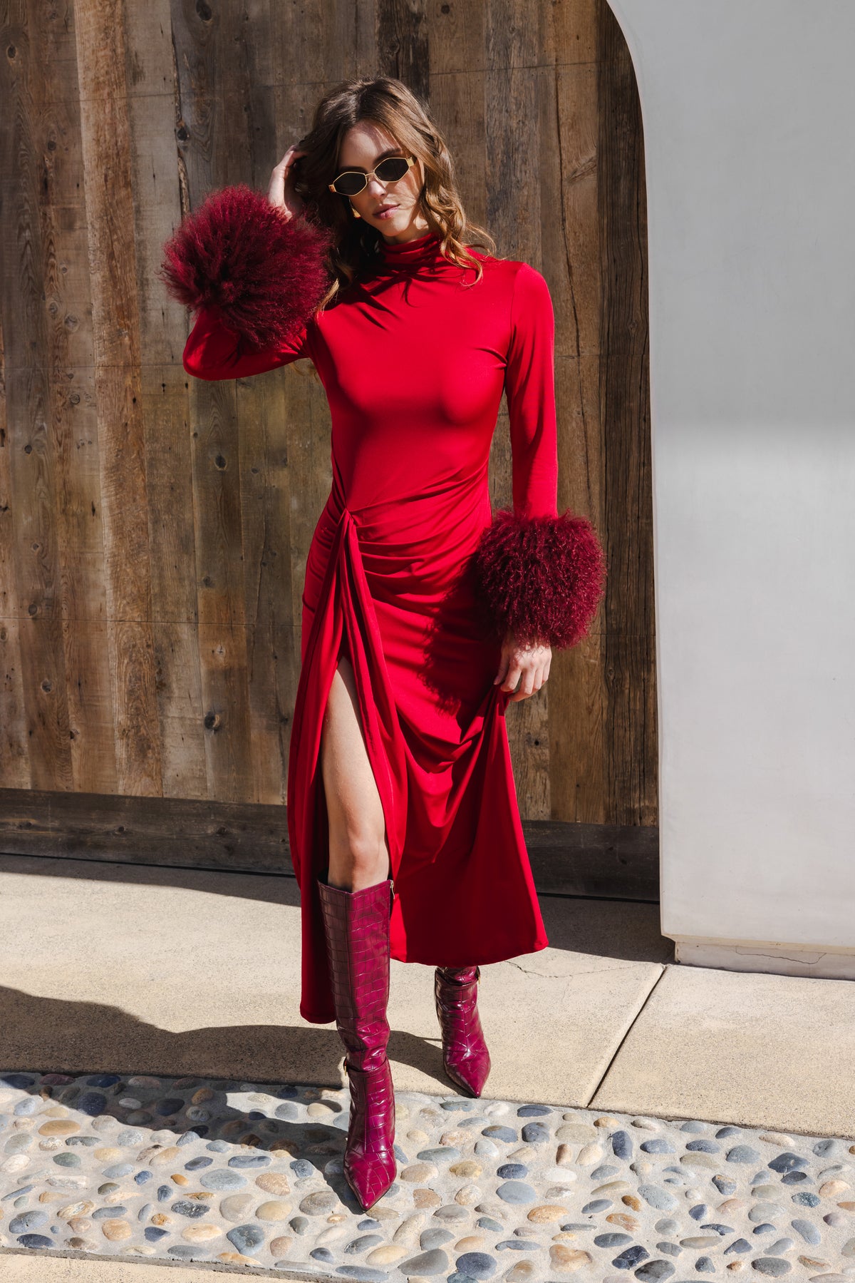 Make an Entrance Mongolian Wool Cuff Midi Dress in Burgundy Red