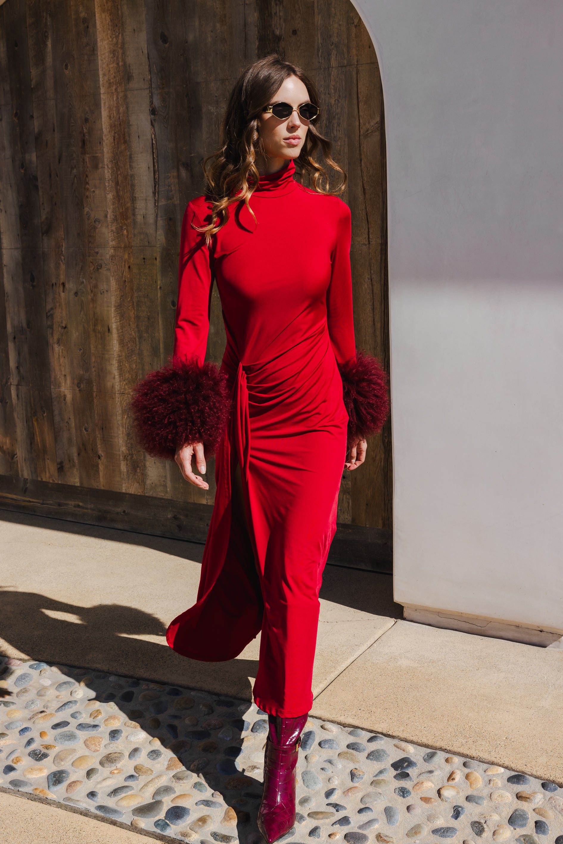 Make an Entrance Mongolian Wool Cuff Midi Dress in Burgundy Red - Lisa Maree Make an Entrance Mongolian Wool Cuff Midi Dress in Burgundy Red - Lisa Maree