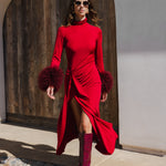 Make an Entrance Mongolian Wool Cuff Midi Dress in Burgundy Red