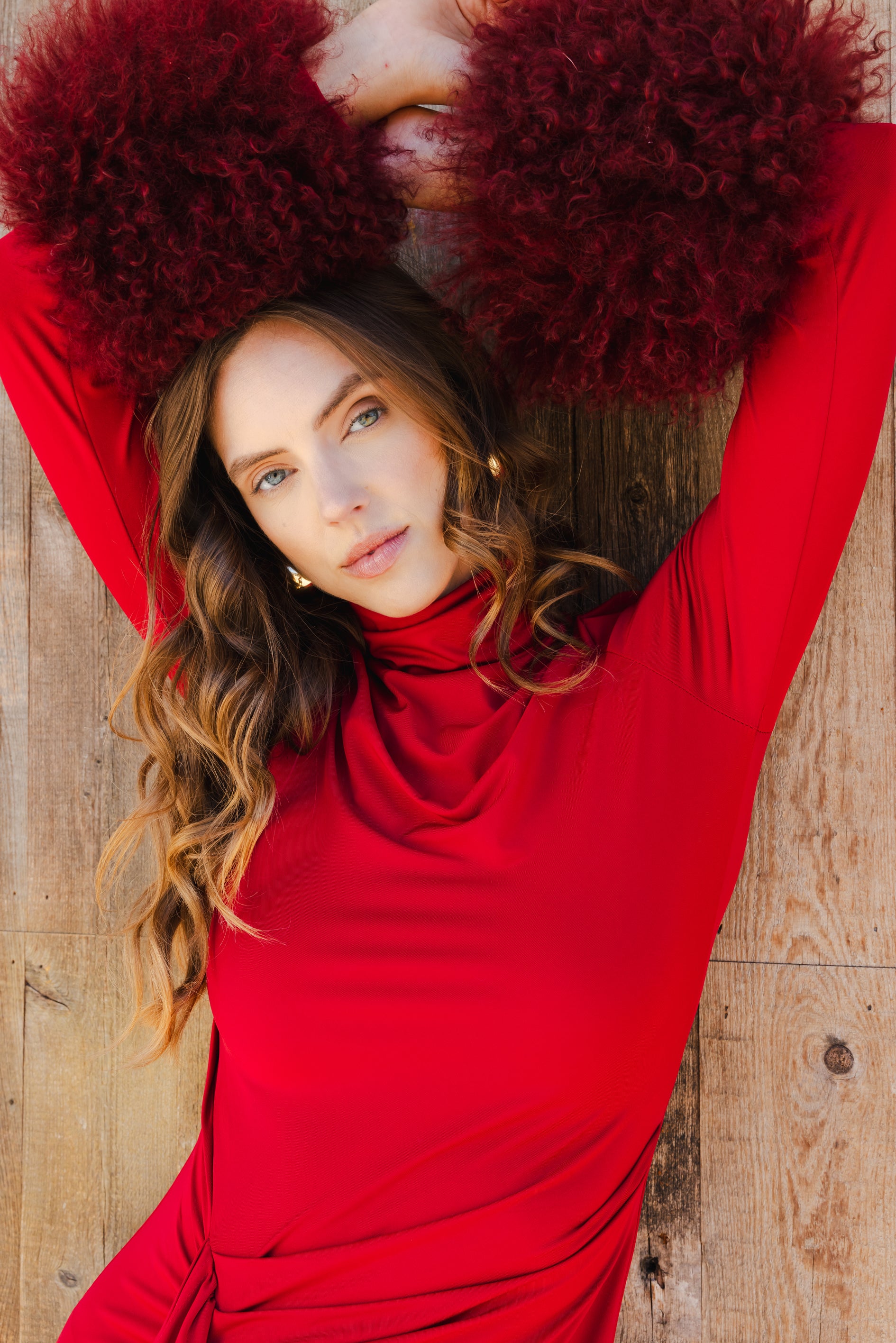 Make an Entrance Mongolian Wool Cuff Midi Dress in Burgundy Red - Lisa Maree Make an Entrance Mongolian Wool Cuff Midi Dress in Burgundy Red - Lisa Maree