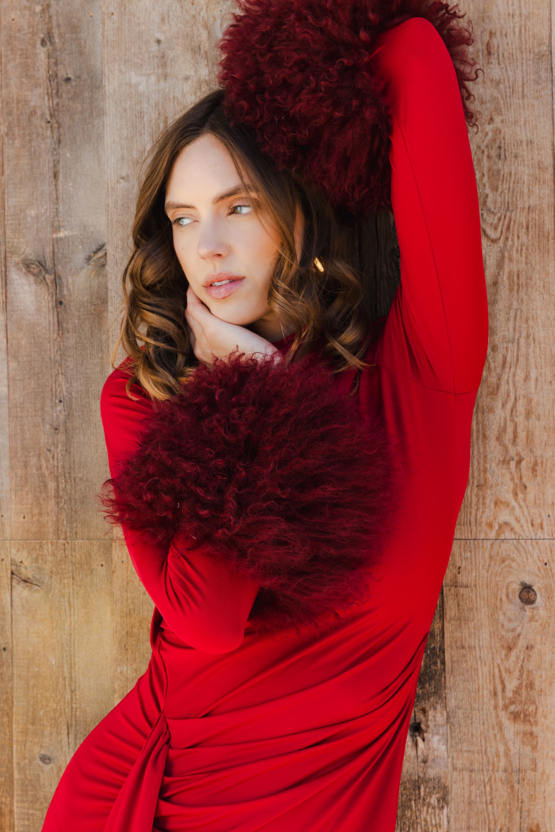 Make an Entrance Mongolian Wool Cuff Midi Dress in Burgundy Red - Lisa Maree Make an Entrance Mongolian Wool Cuff Midi Dress in Burgundy Red - Lisa Maree