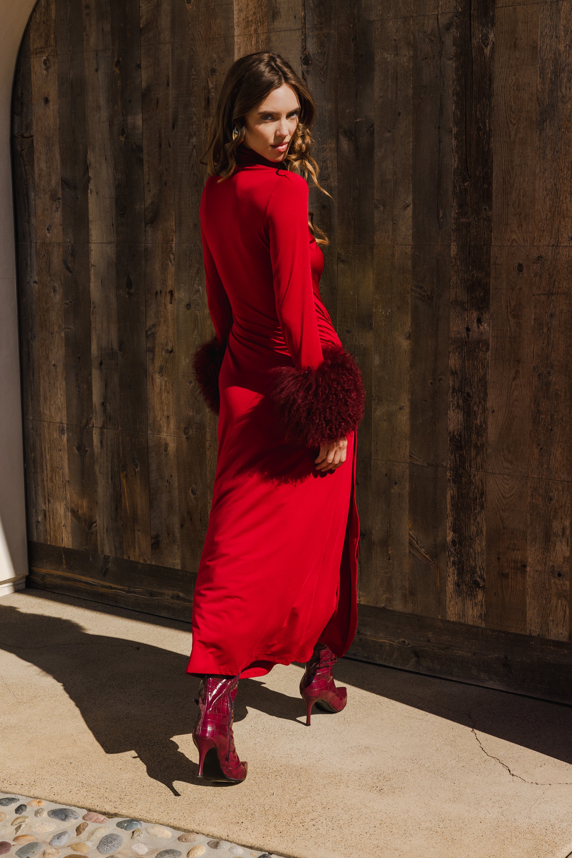 Make an Entrance Mongolian Wool Cuff Midi Dress in Burgundy Red Make an Entrance Mongolian Wool Cuff Midi Dress in Burgundy Red