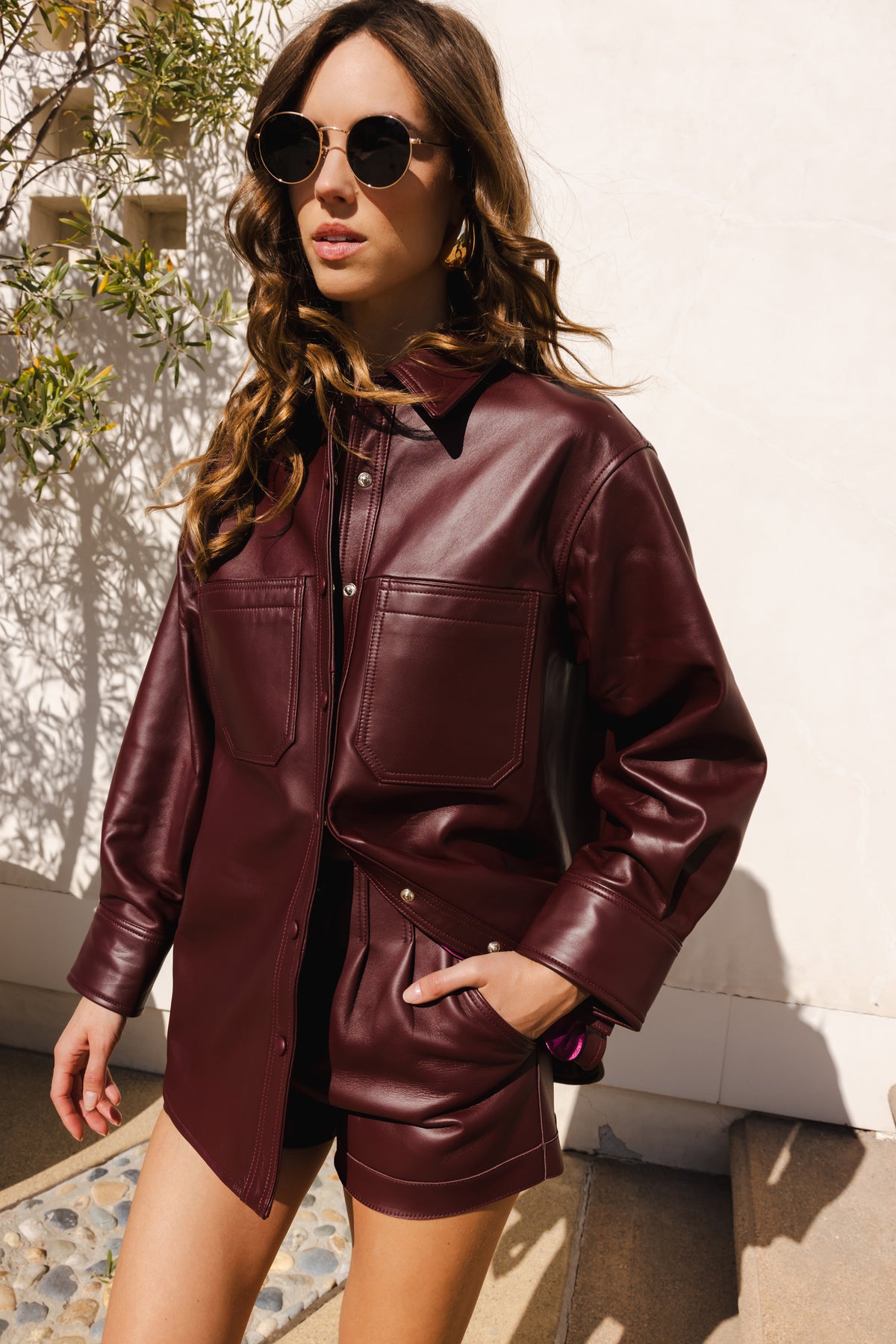 Monologue Leather Shirt Shacket in Burgundy