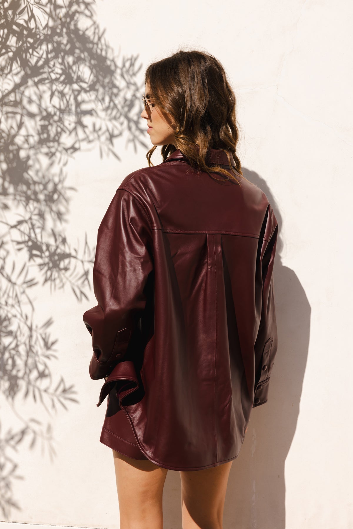 Monologue Leather Shirt Shacket in Burgundy