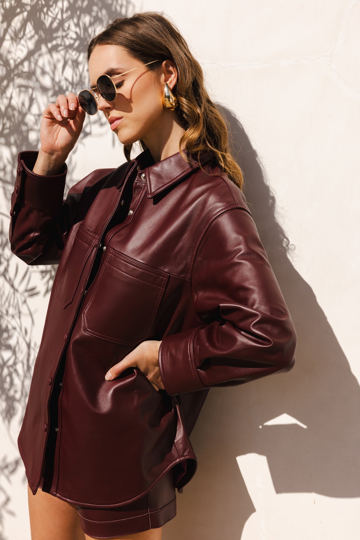 Monologue Leather Shirt Shacket in Burgundy