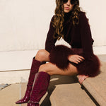 Hibernate Removable Mongolian Wool Cuff Turtleneck Sweater in Burgundy