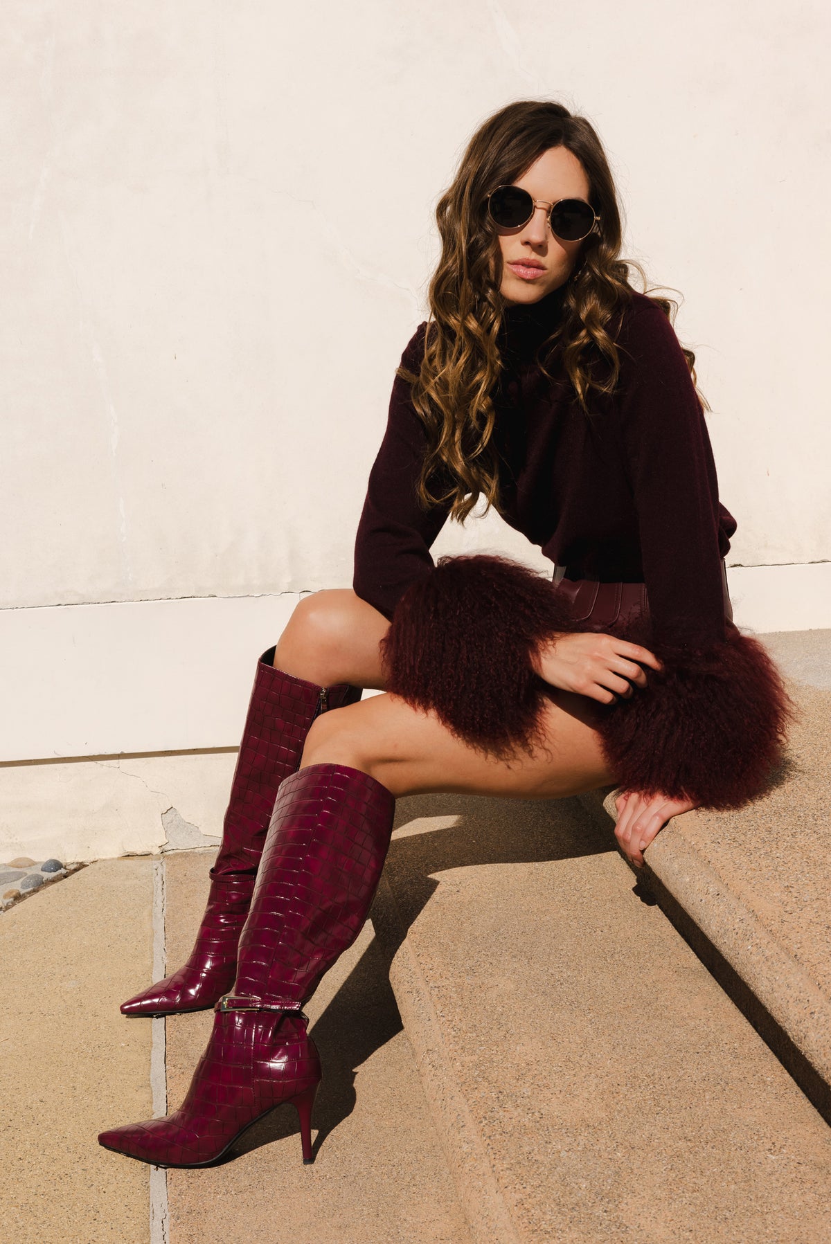 Hibernate Removable Mongolian Wool Cuff Turtleneck Sweater in Burgundy