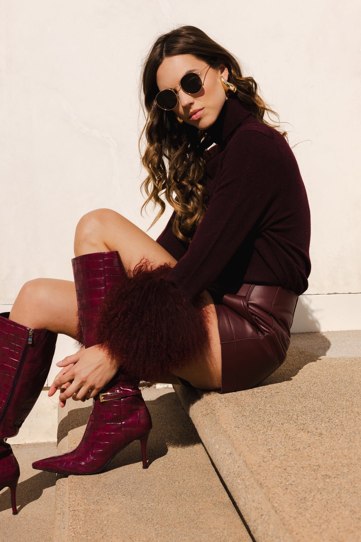 Hibernate Removable Mongolian Wool Cuff Turtleneck Sweater in Burgundy