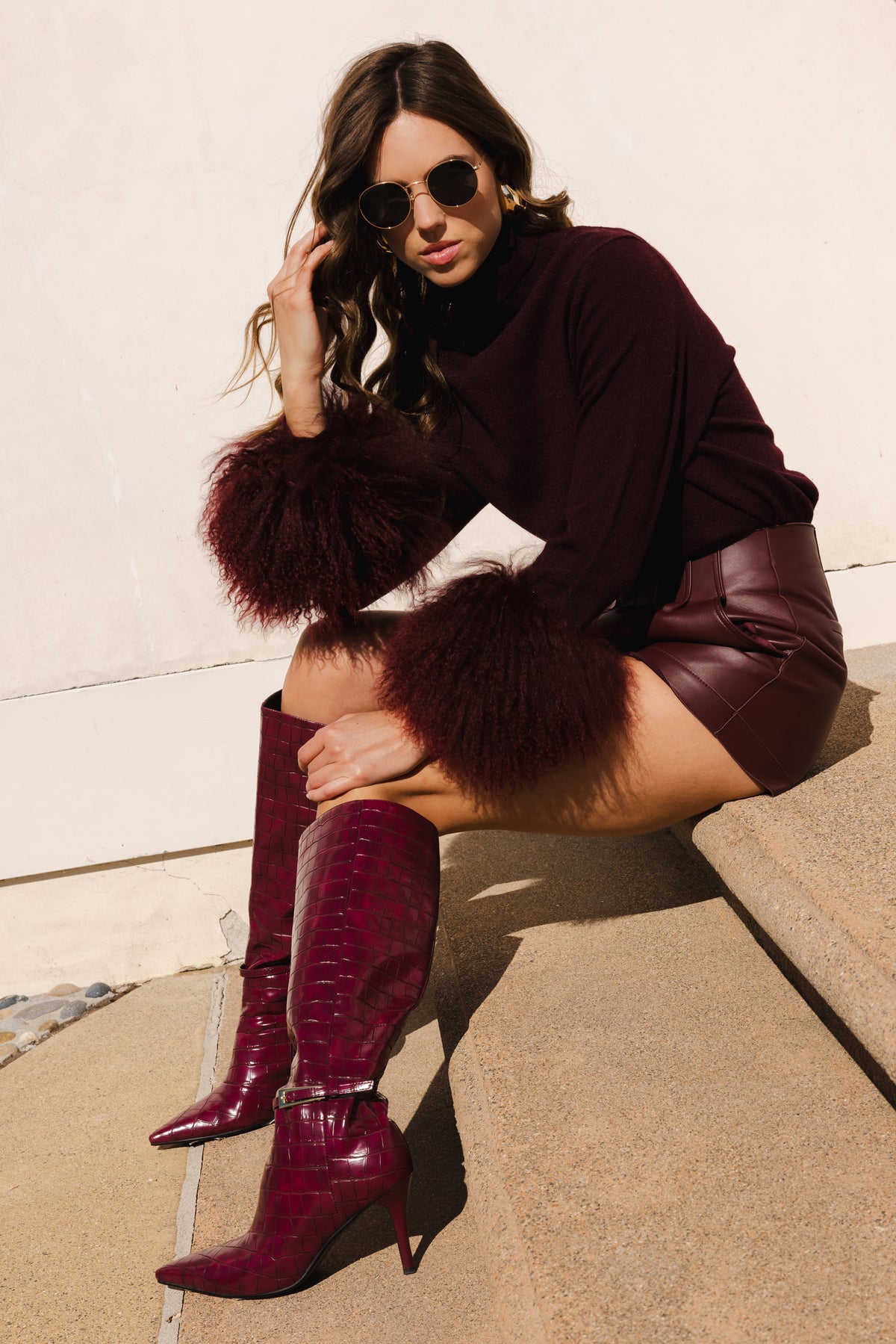 Hibernate Removable Mongolian Wool Cuff Turtleneck Sweater in Burgundy