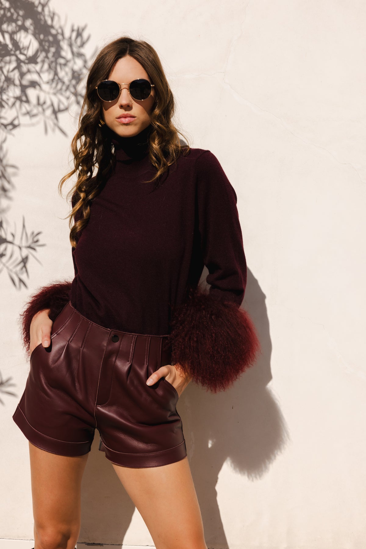 Hibernate Removable Mongolian Wool Cuff Turtleneck Sweater in Burgundy