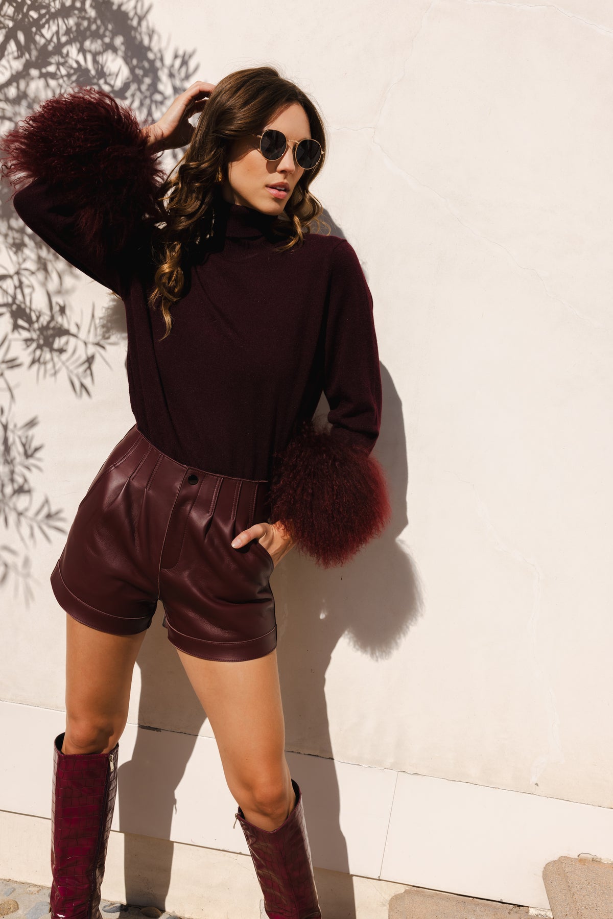 Hibernate Removable Mongolian Wool Cuff Turtleneck Sweater in Burgundy