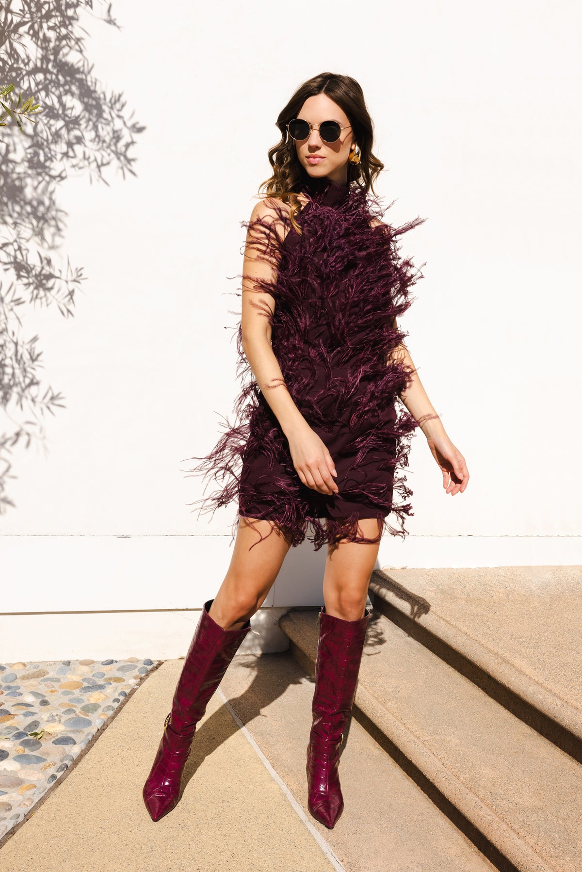 Love Awaits feather mini dress in Burgundy