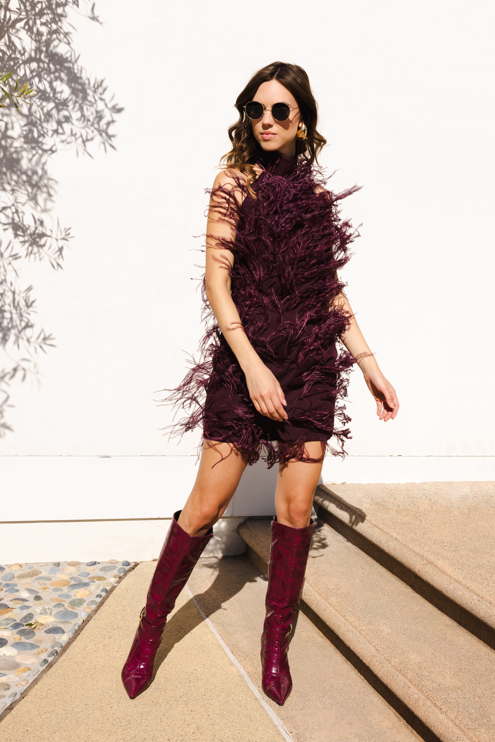Love Awaits feather mini dress in Burgundy - Lisa Maree Love Awaits feather mini dress in Burgundy - Lisa Maree
