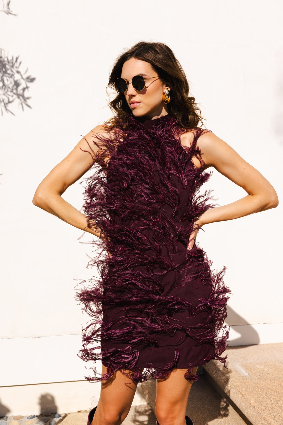 Love Awaits feather mini dress in Burgundy