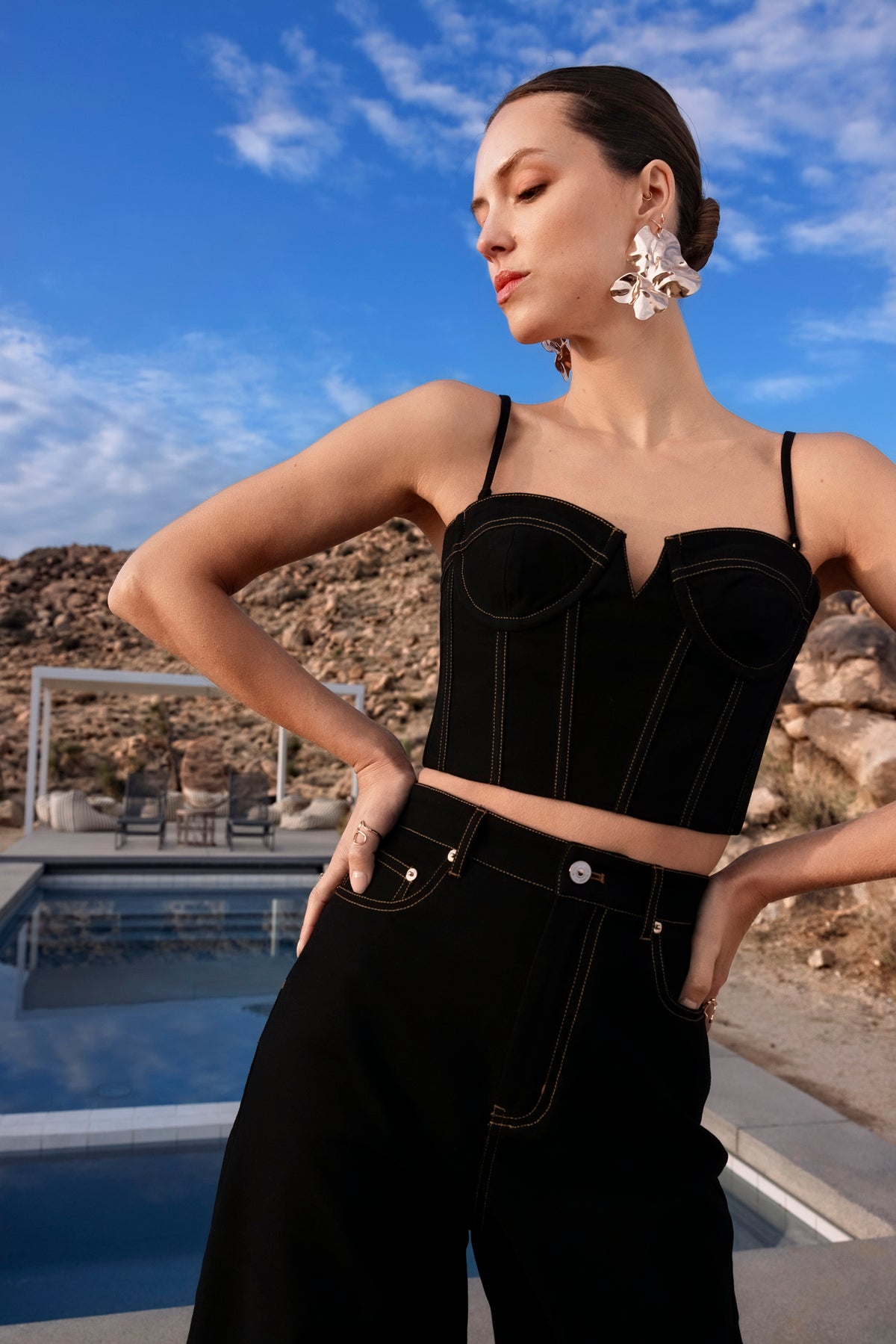 The Go-Around Denim Bustier Top in Black
