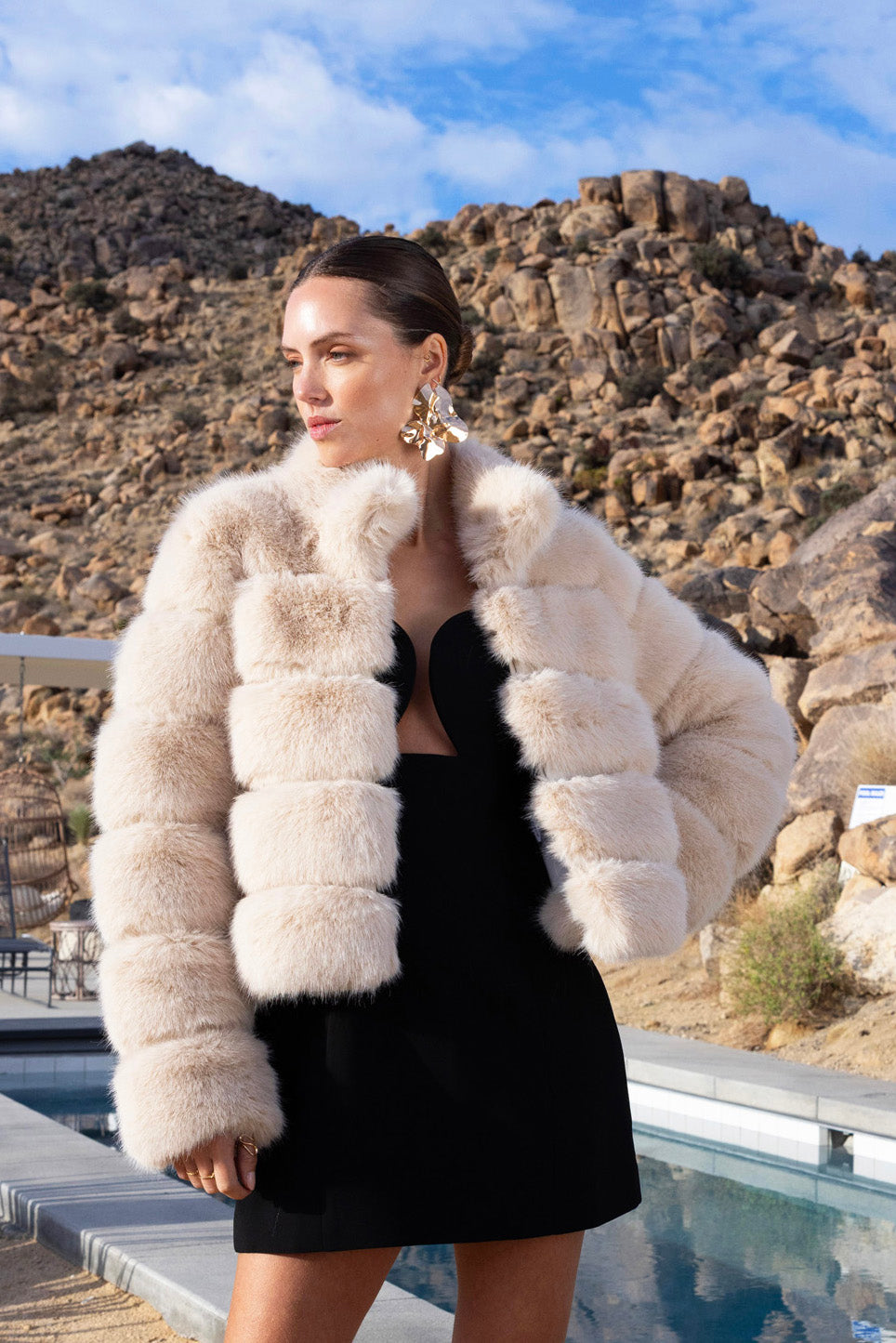 Elevated Evenings Faux Fur Jacket in Beige